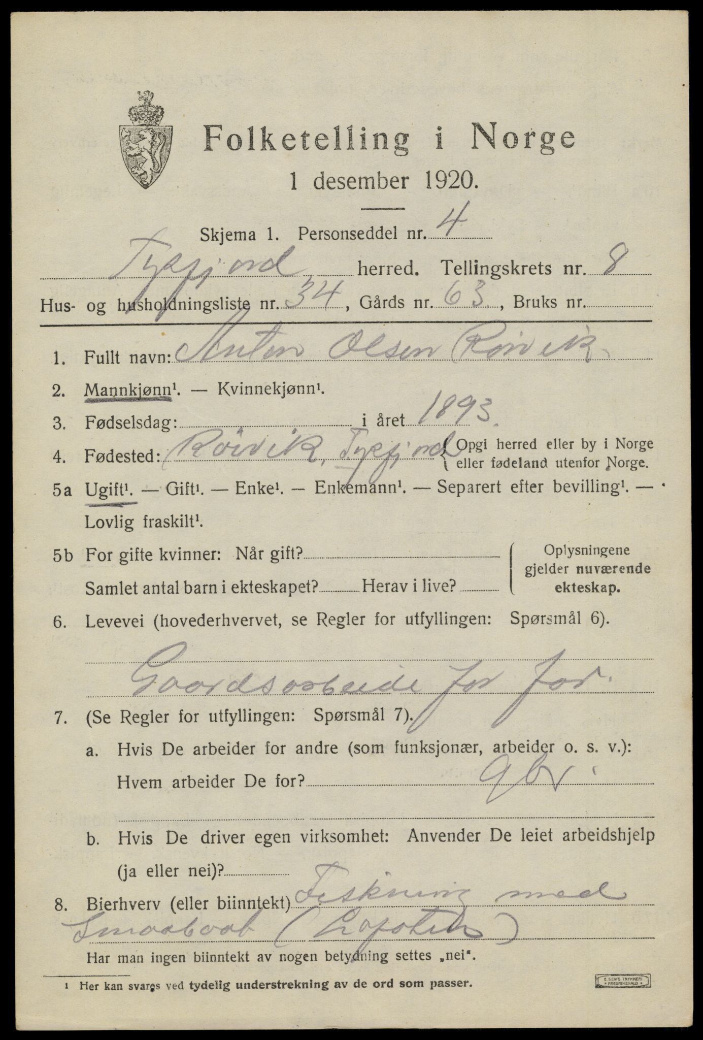 SAT, 1920 census for Tysfjord, 1920, p. 6249