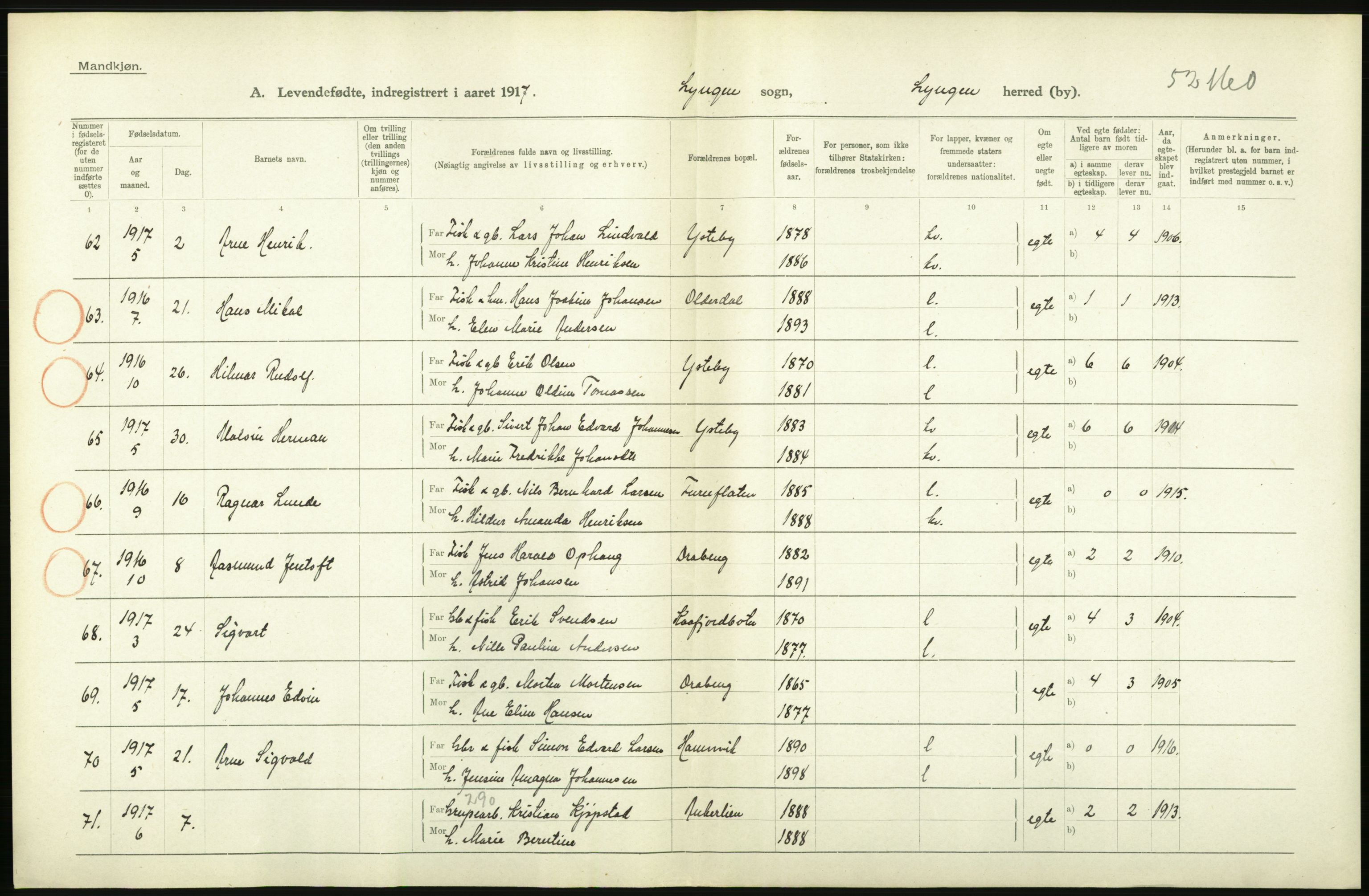 Statistisk sentralbyrå, Sosiodemografiske emner, Befolkning, AV/RA-S-2228/D/Df/Dfb/Dfbg/L0053: Tromsø amt: Levendefødte menn og kvinner. Bygder og byer., 1917, p. 214