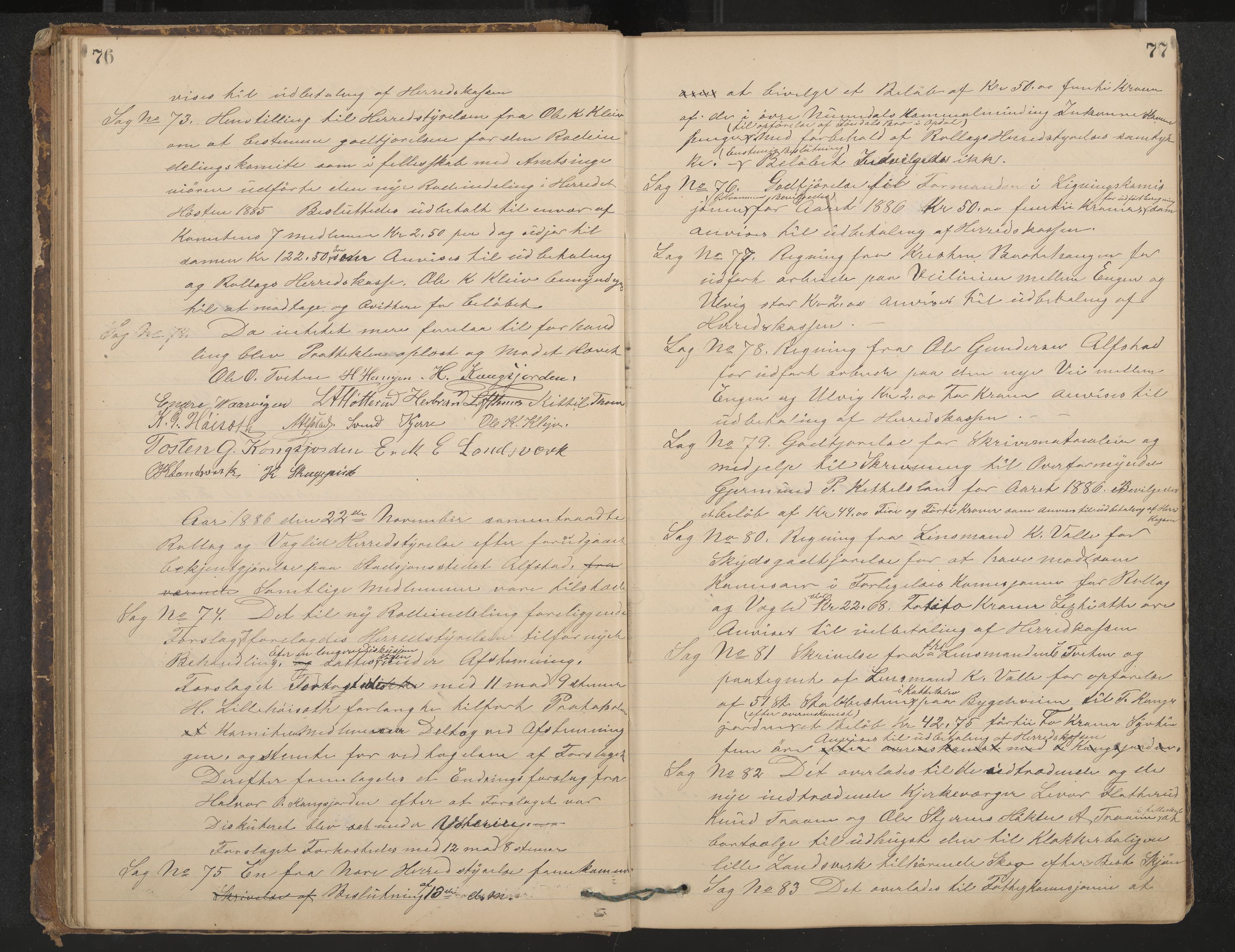 Rollag formannskap og sentraladministrasjon, IKAK/0632021-2/A/Aa/L0003: Møtebok, 1884-1897, p. 76-77