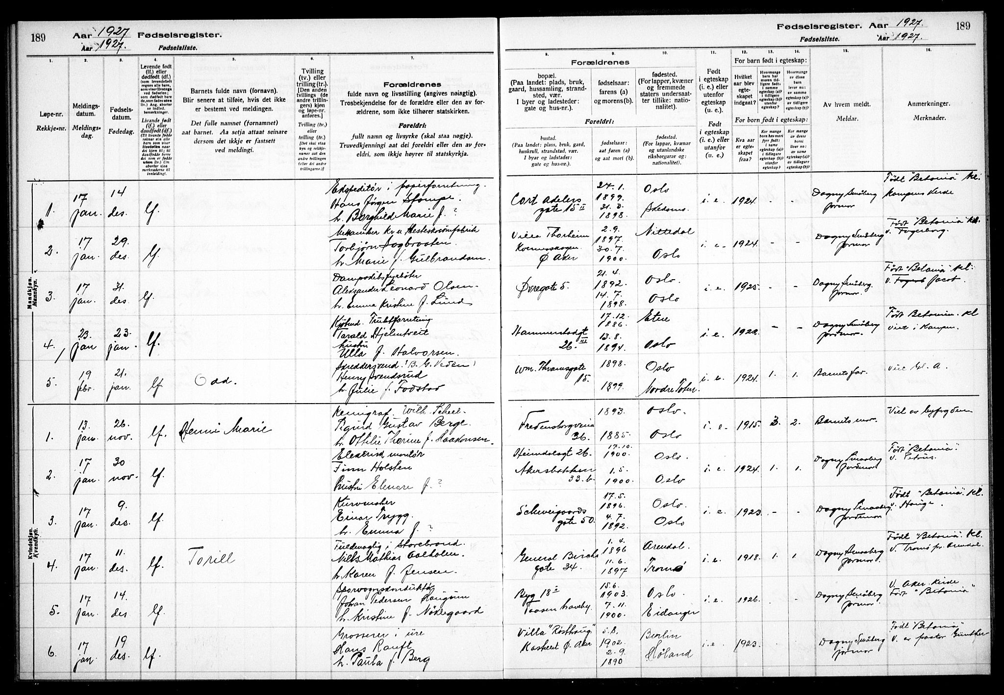Gamle Aker prestekontor Kirkebøker, SAO/A-10617a/J/L0001: Birth register no. 1, 1916-1927, p. 189