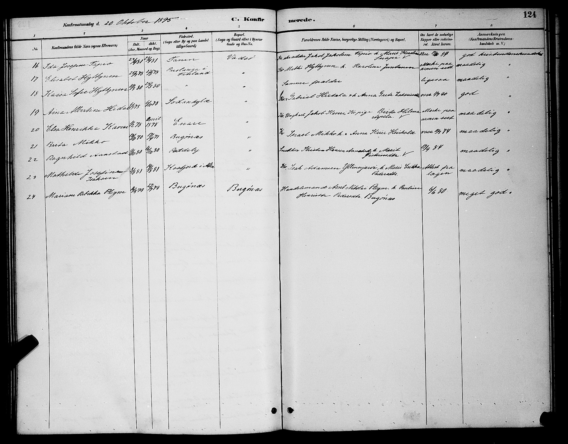 Vadsø sokneprestkontor, SATØ/S-1325/H/Hb/L0004klokker: Parish register (copy) no. 4, 1885-1895, p. 124