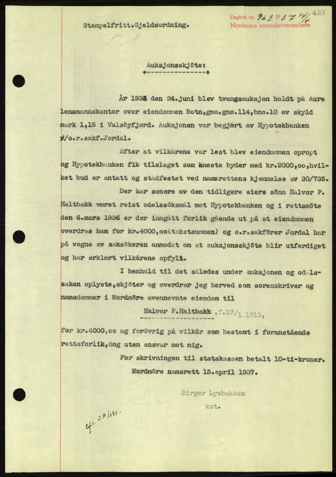 Nordmøre sorenskriveri, AV/SAT-A-4132/1/2/2Ca: Mortgage book no. A81, 1937-1937, Diary no: : 963/1937