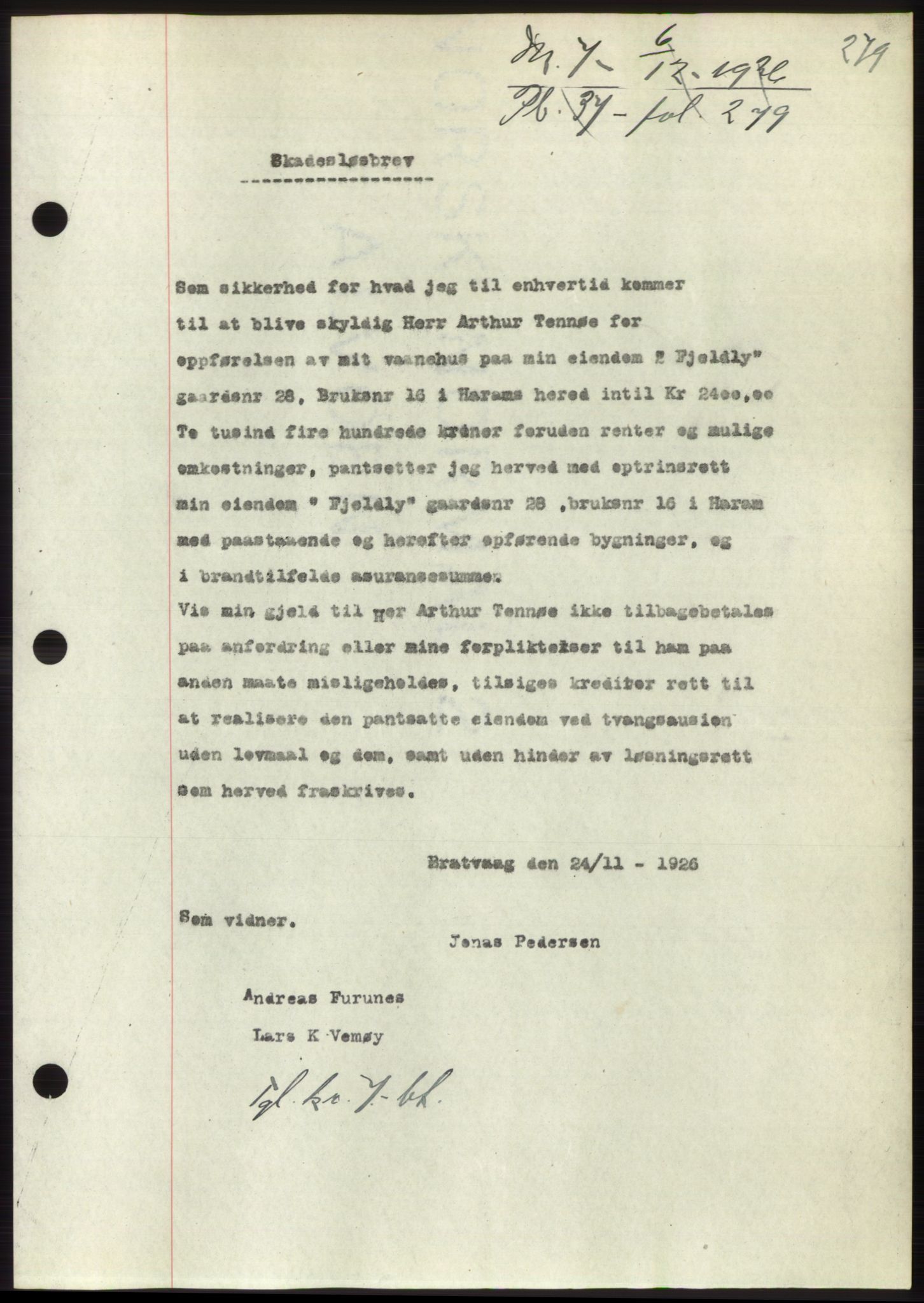 Nordre Sunnmøre sorenskriveri, AV/SAT-A-0006/1/2/2C/2Ca/L0035: Mortgage book no. 37, 1926-1926, Deed date: 06.12.1926