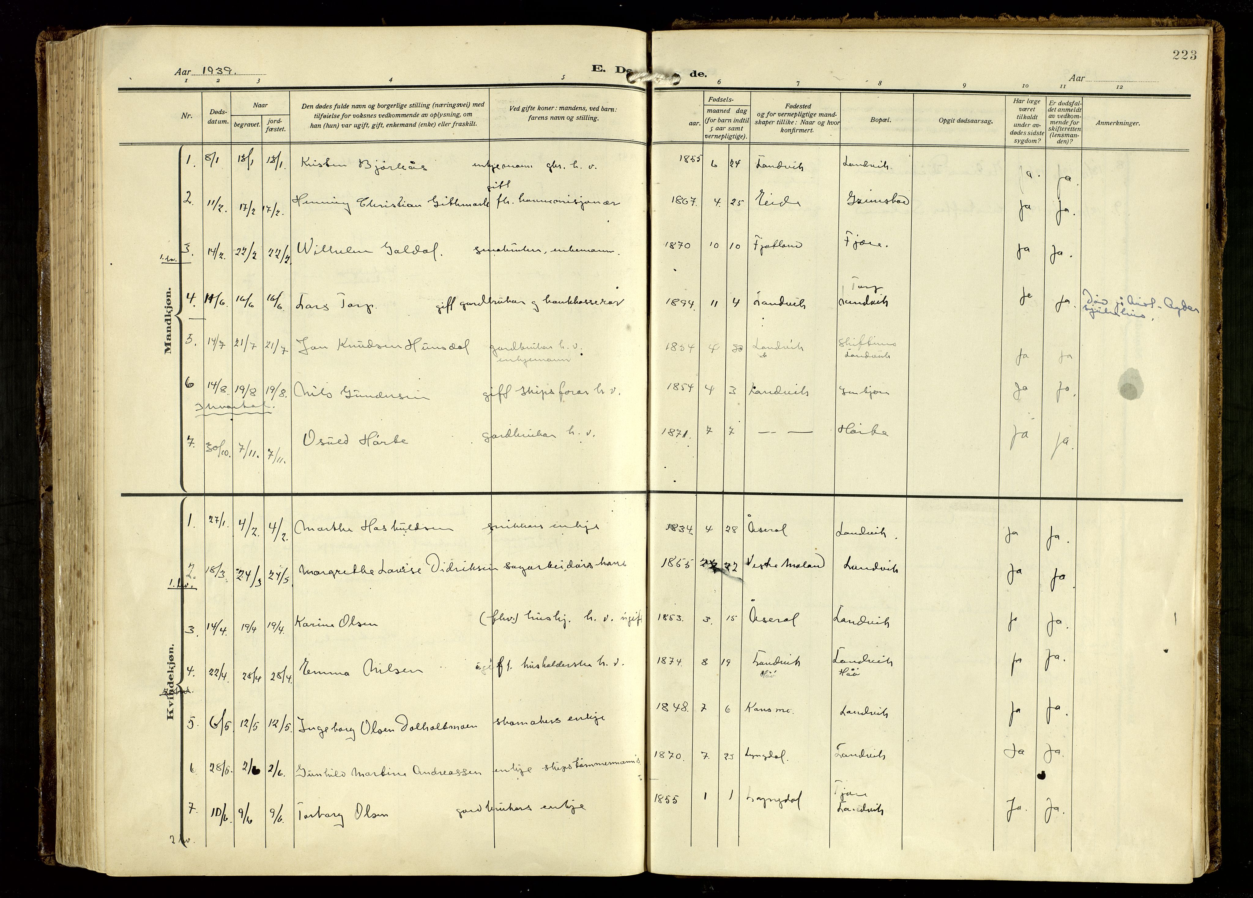 Hommedal sokneprestkontor, AV/SAK-1111-0023/F/Fa/Fab/L0008: Parish register (official) no. A 8, 1925-1956, p. 223