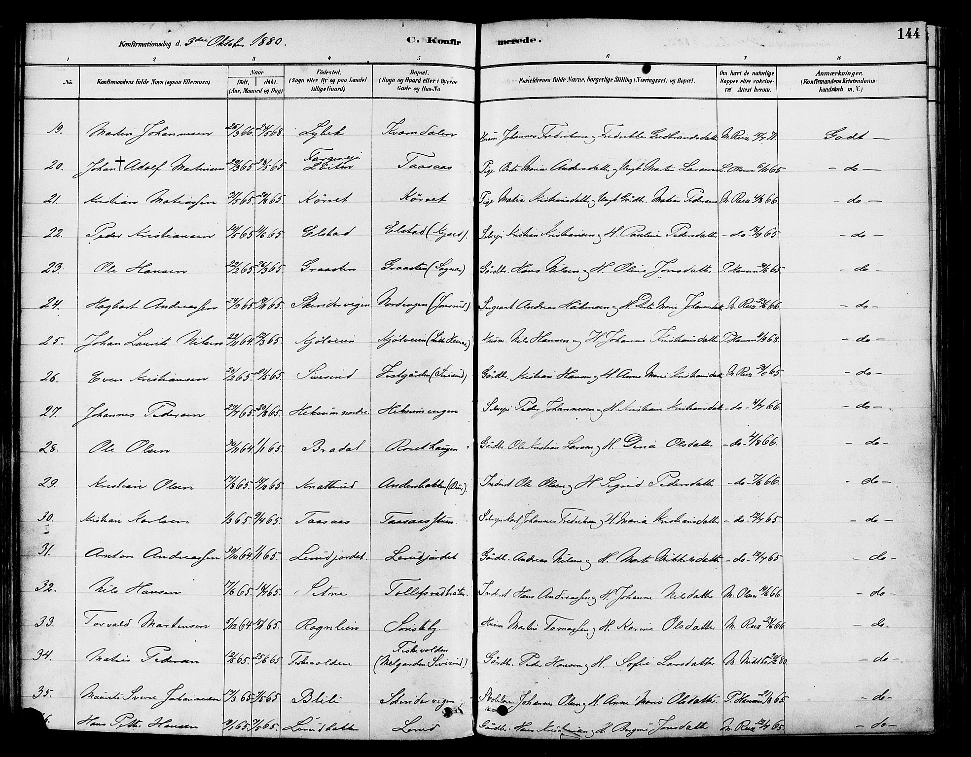 Vestre Toten prestekontor, SAH/PREST-108/H/Ha/Haa/L0009: Parish register (official) no. 9, 1878-1894, p. 144