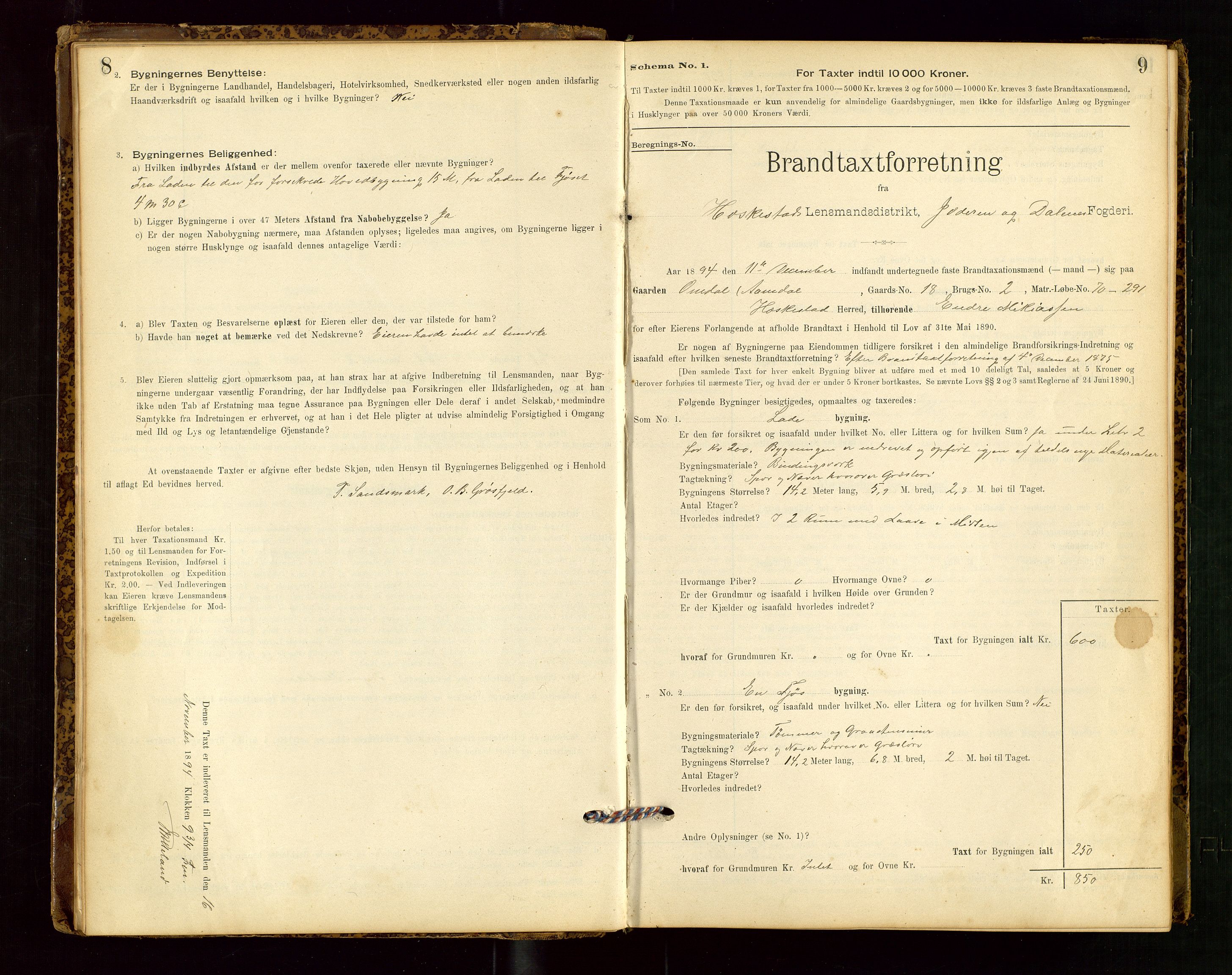 Heskestad lensmannskontor, SAST/A-100304/Gob/L0001: "Brandtaxationsprotokol", 1894-1915, p. 8-9