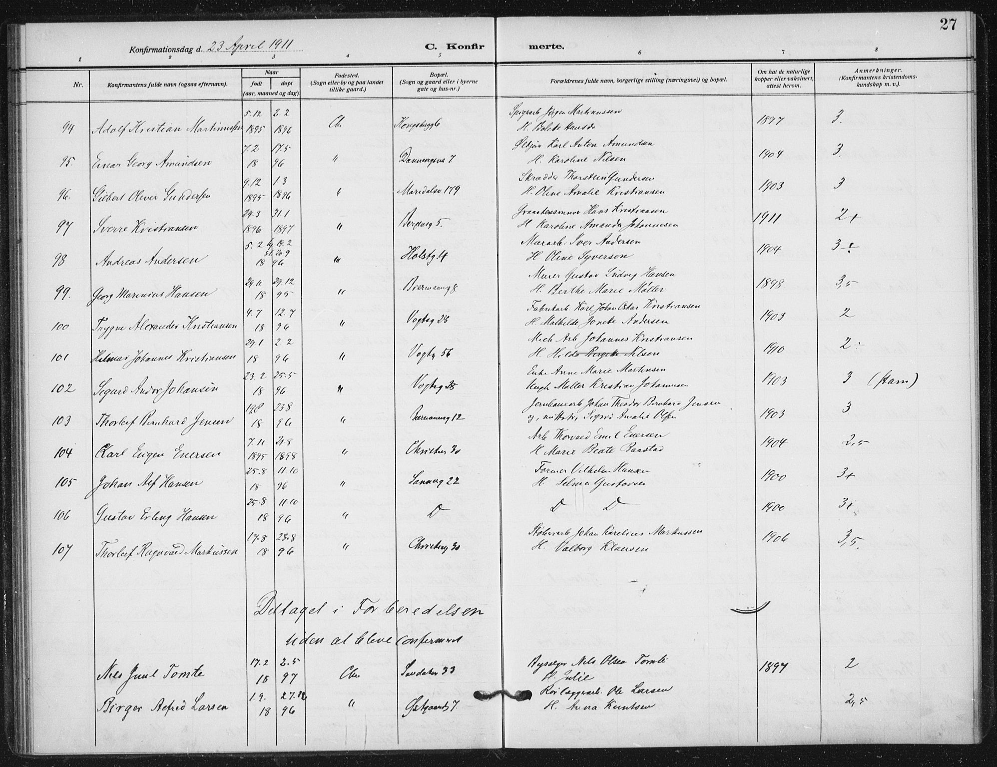 Sagene prestekontor Kirkebøker, SAO/A-10796/F/L0008: Parish register (official) no. 8, 1910-1919, p. 27