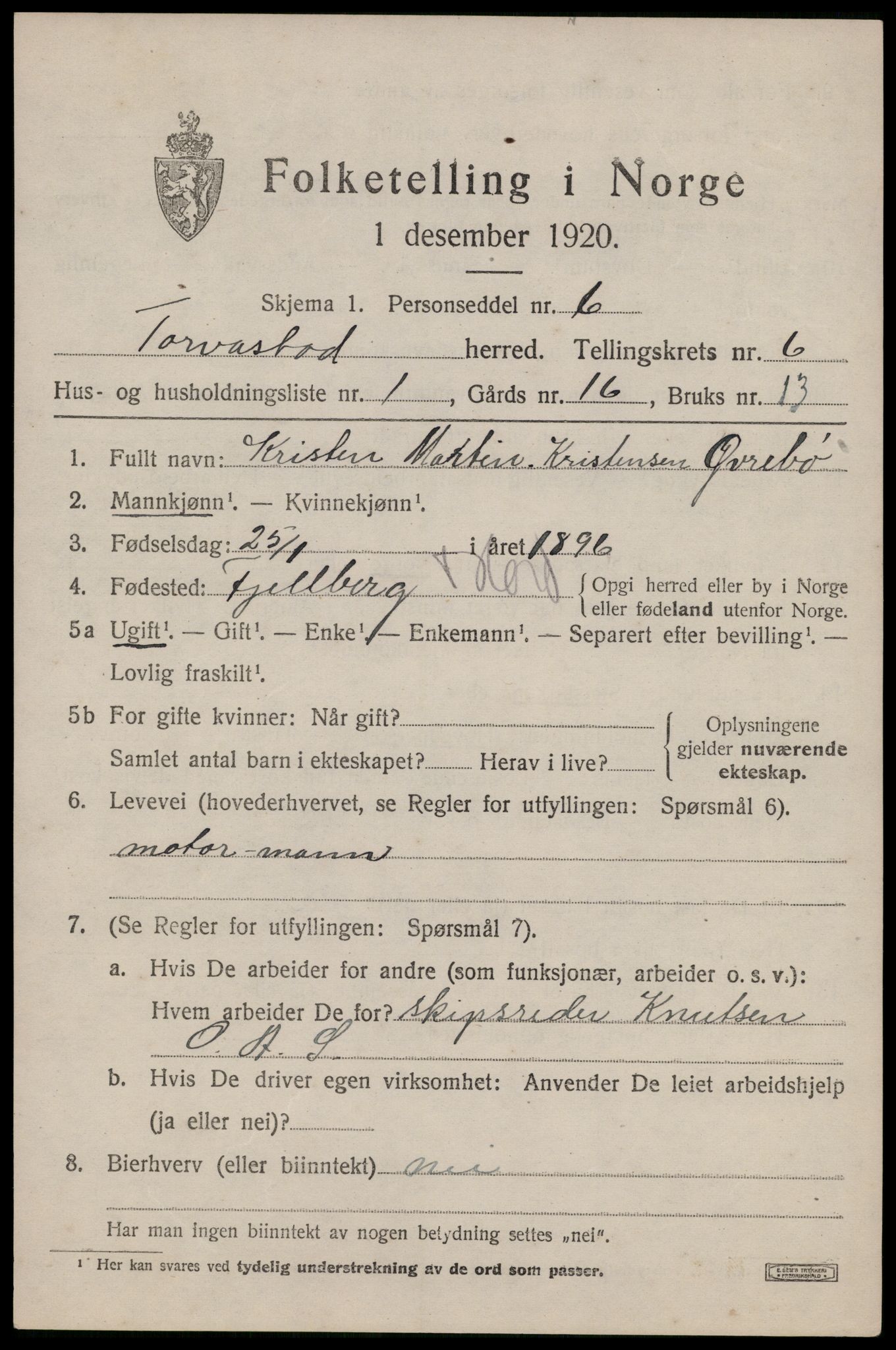 SAST, 1920 census for Torvastad, 1920, p. 4914