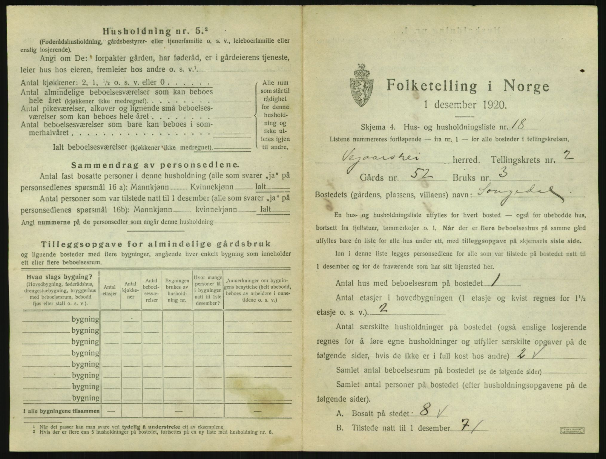 SAK, 1920 census for Vegårshei, 1920, p. 182