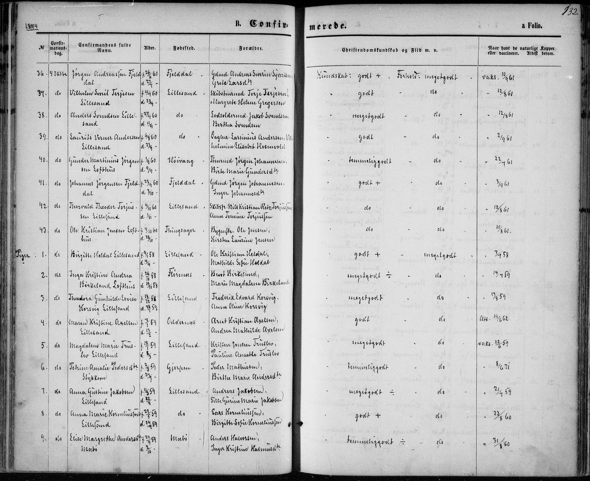 Vestre Moland sokneprestkontor, AV/SAK-1111-0046/F/Fa/Fab/L0008: Parish register (official) no. A 8, 1873-1883, p. 132