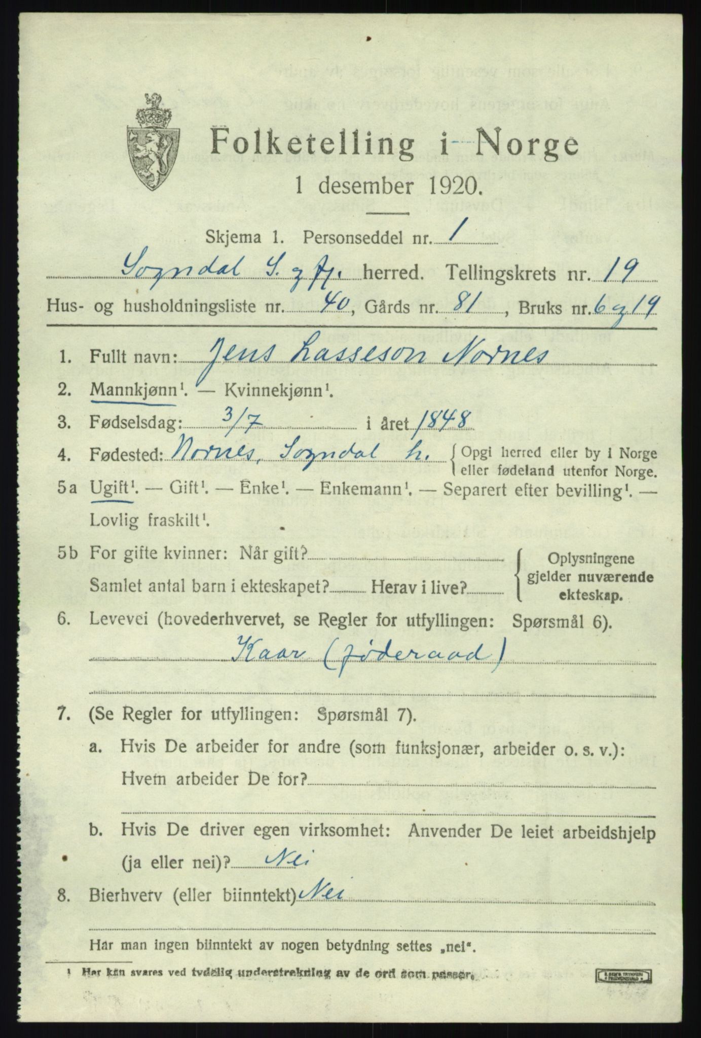 SAB, 1920 census for Sogndal, 1920, p. 7503