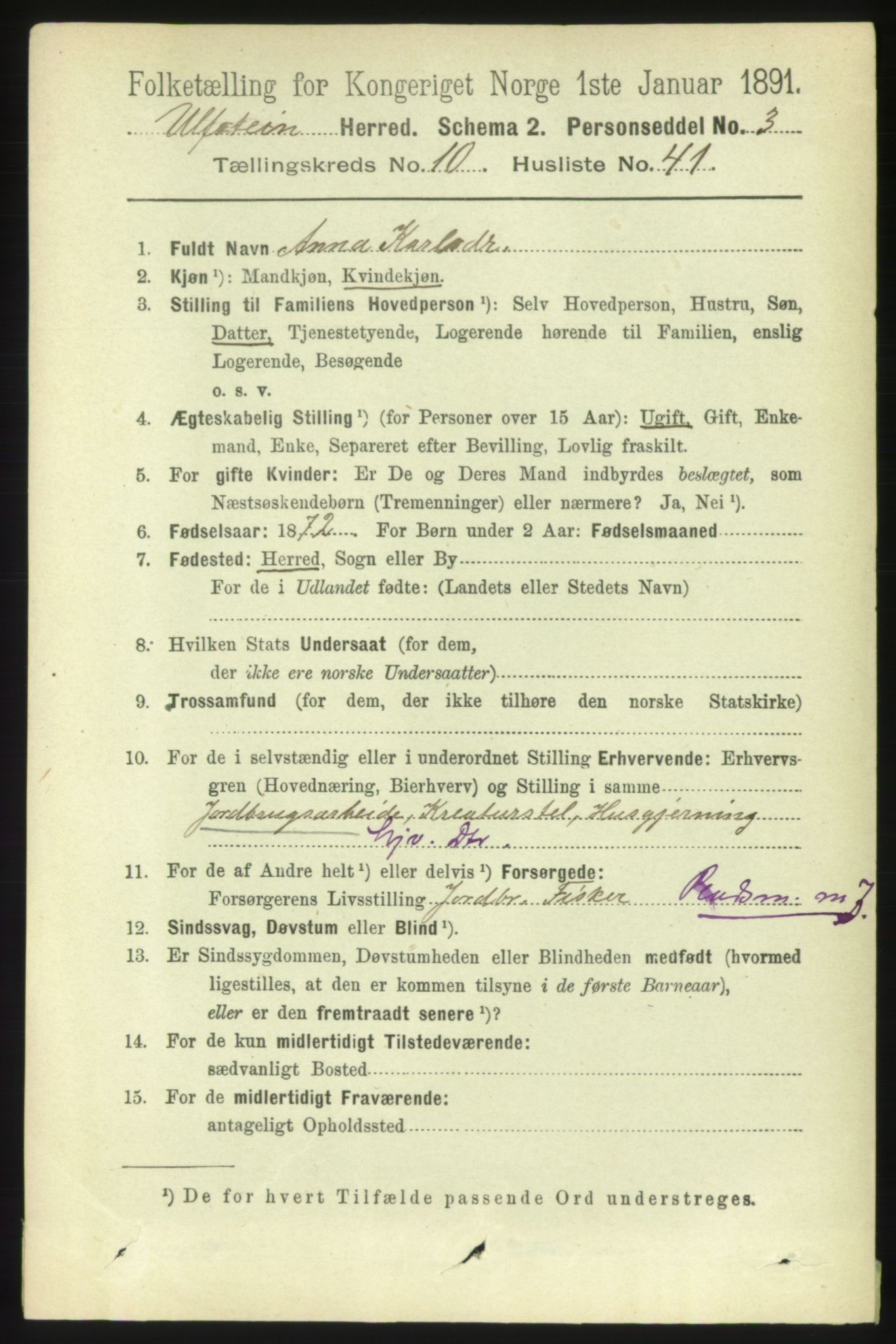 RA, 1891 census for 1516 Ulstein, 1891, p. 3391