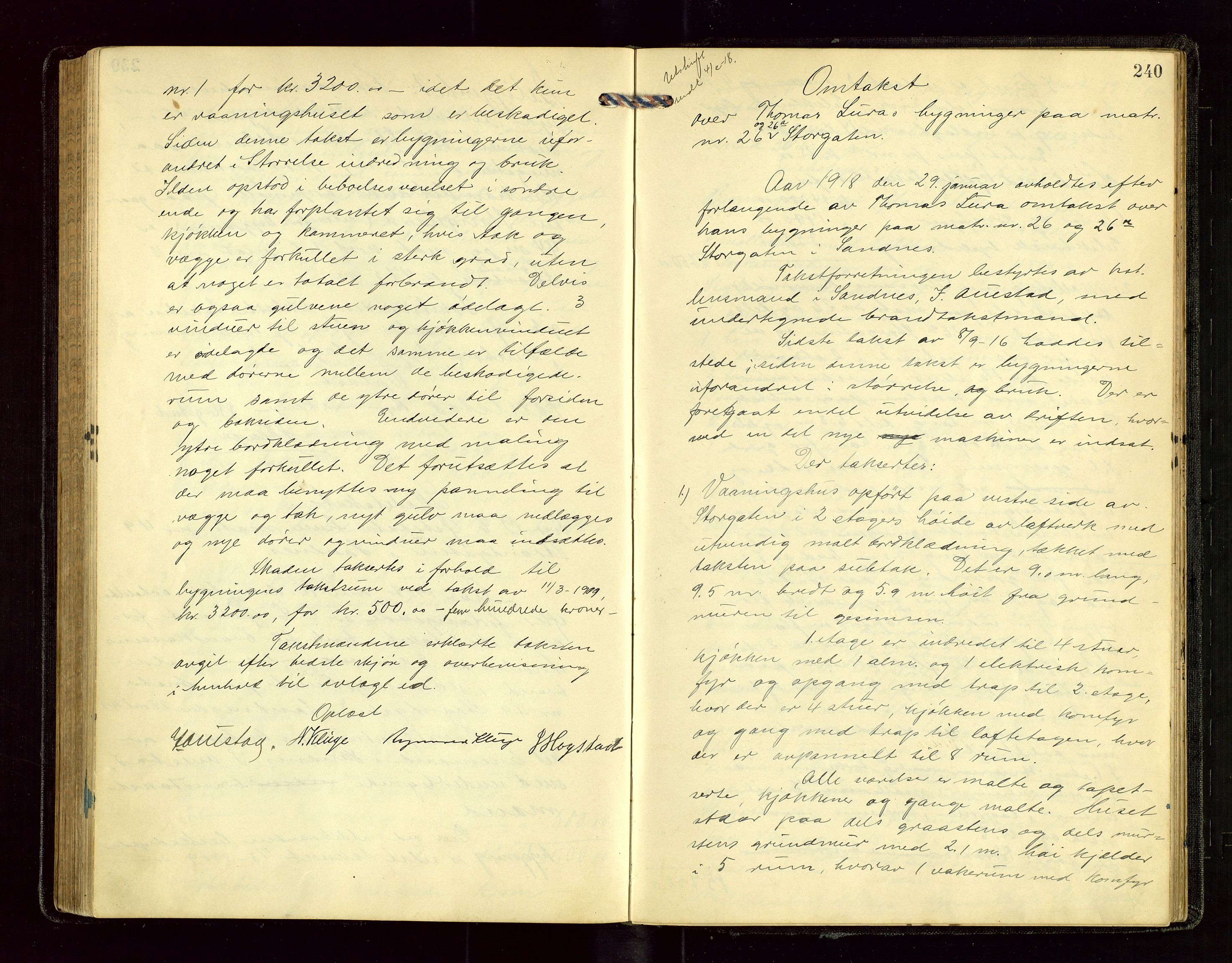 Sandnes lensmannskontor, AV/SAST-A-100167/Goa/L0001: "Brandtakstprotokol", 1913-1919, p. 239b-240a