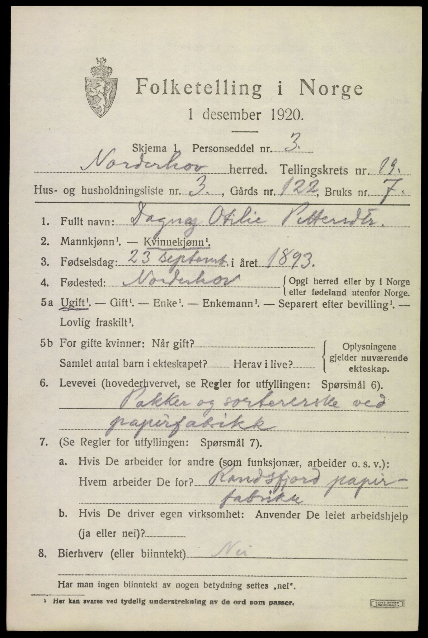 SAKO, 1920 census for Norderhov, 1920, p. 20330