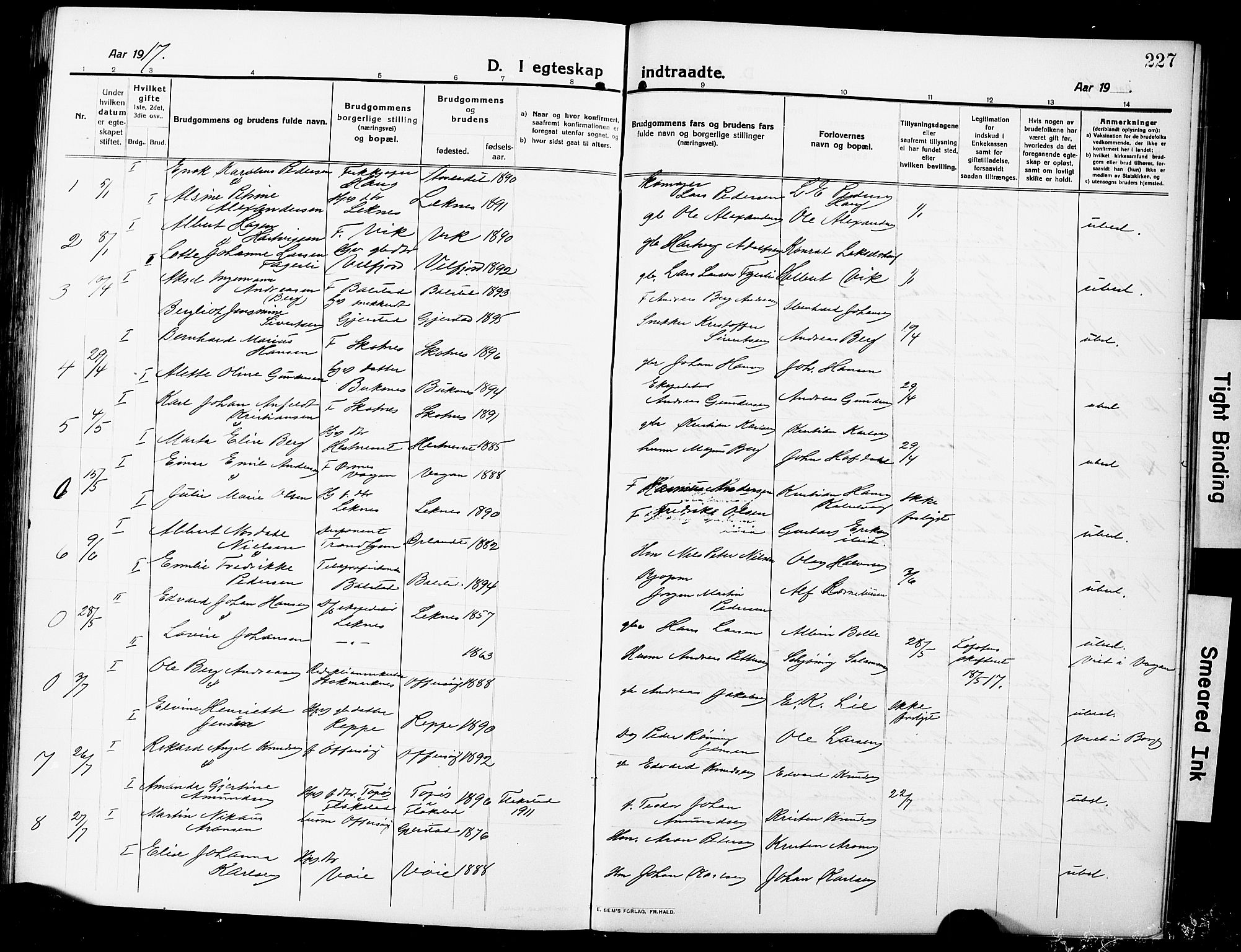 Ministerialprotokoller, klokkerbøker og fødselsregistre - Nordland, SAT/A-1459/881/L1169: Parish register (copy) no. 881C06, 1912-1930, p. 227