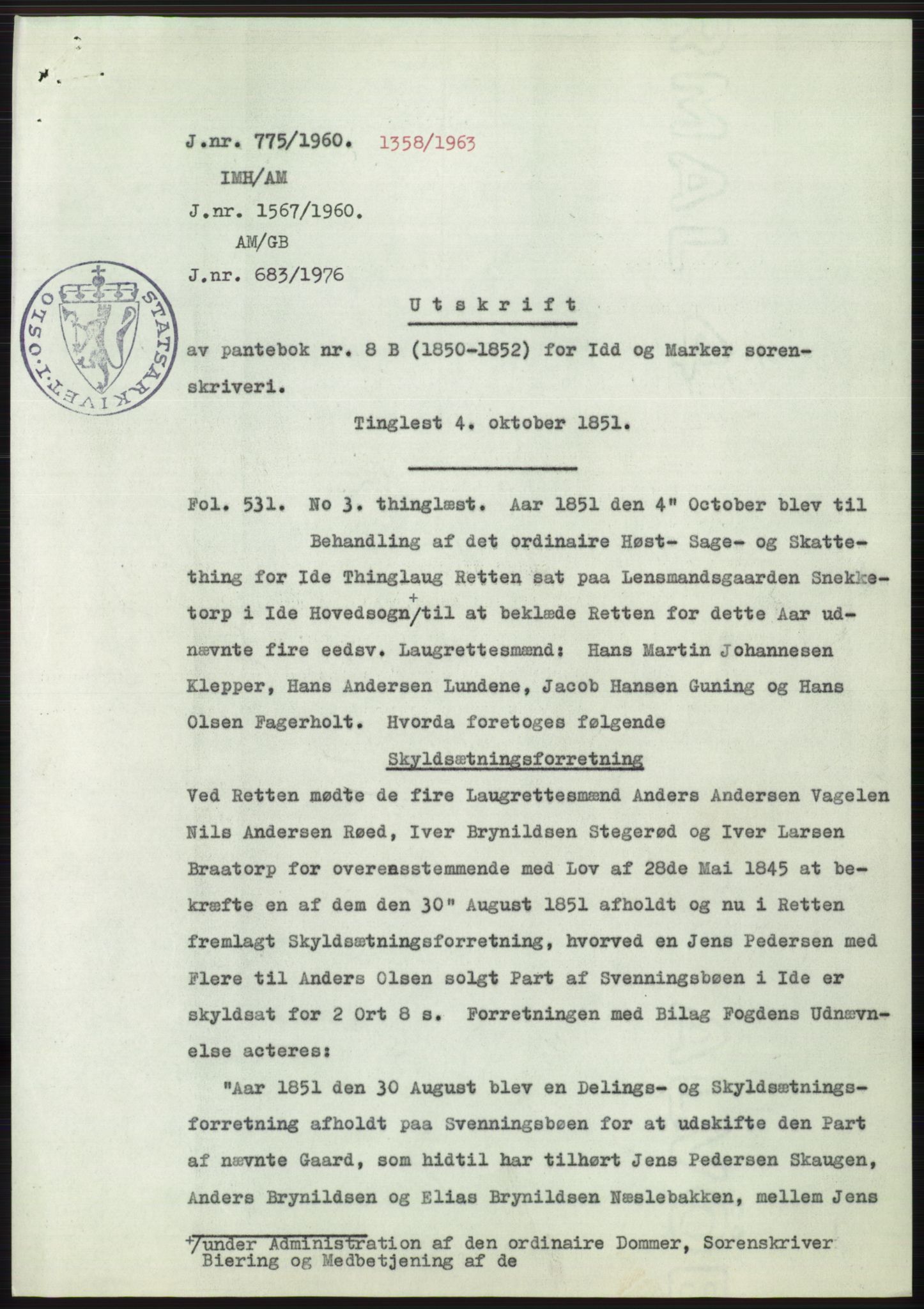 Statsarkivet i Oslo, AV/SAO-A-10621/Z/Zd/L0011: Avskrifter, j.nr 4-798/1960, 1960, p. 490