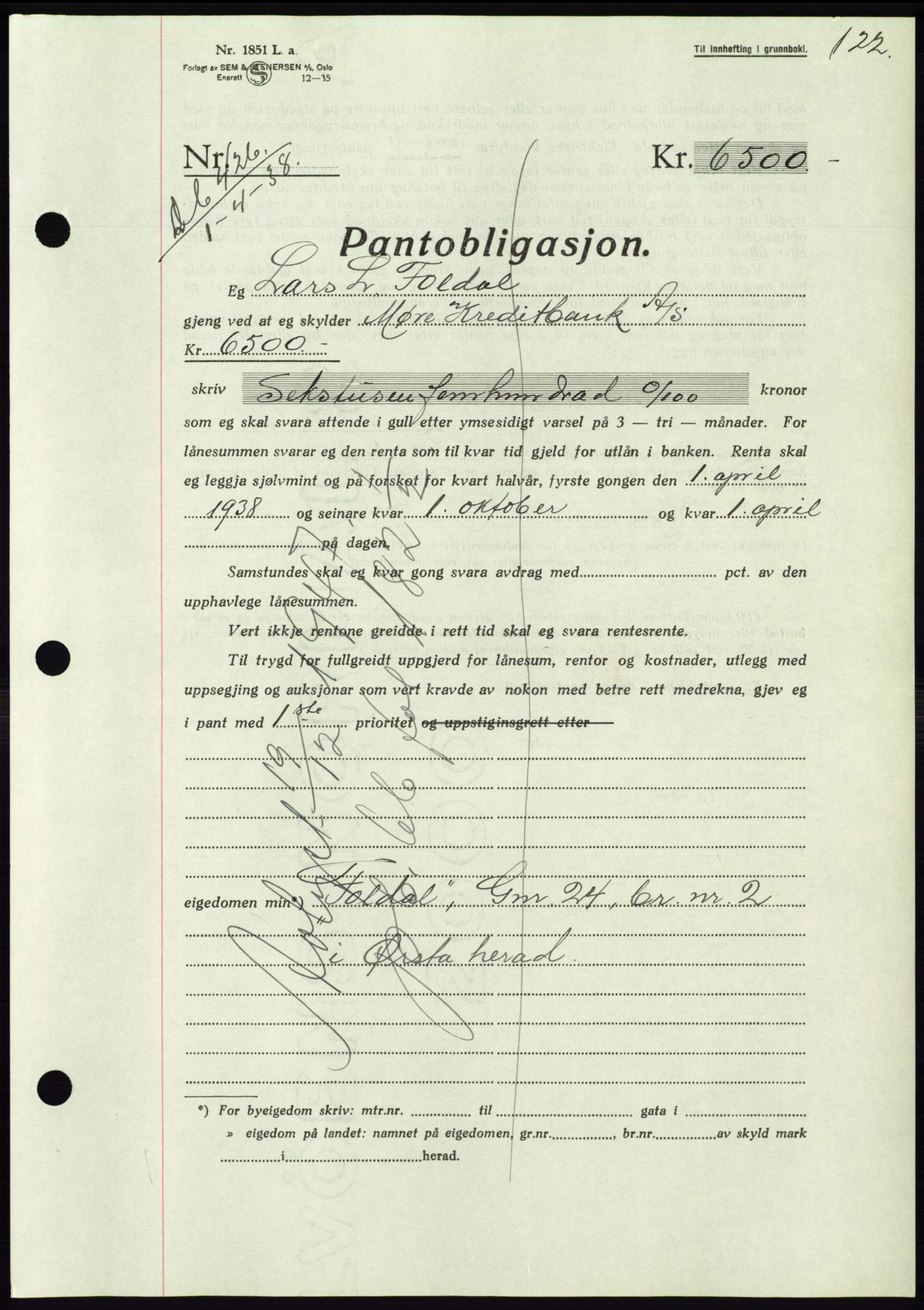 Søre Sunnmøre sorenskriveri, AV/SAT-A-4122/1/2/2C/L0065: Mortgage book no. 59, 1938-1938, Diary no: : 426/1938