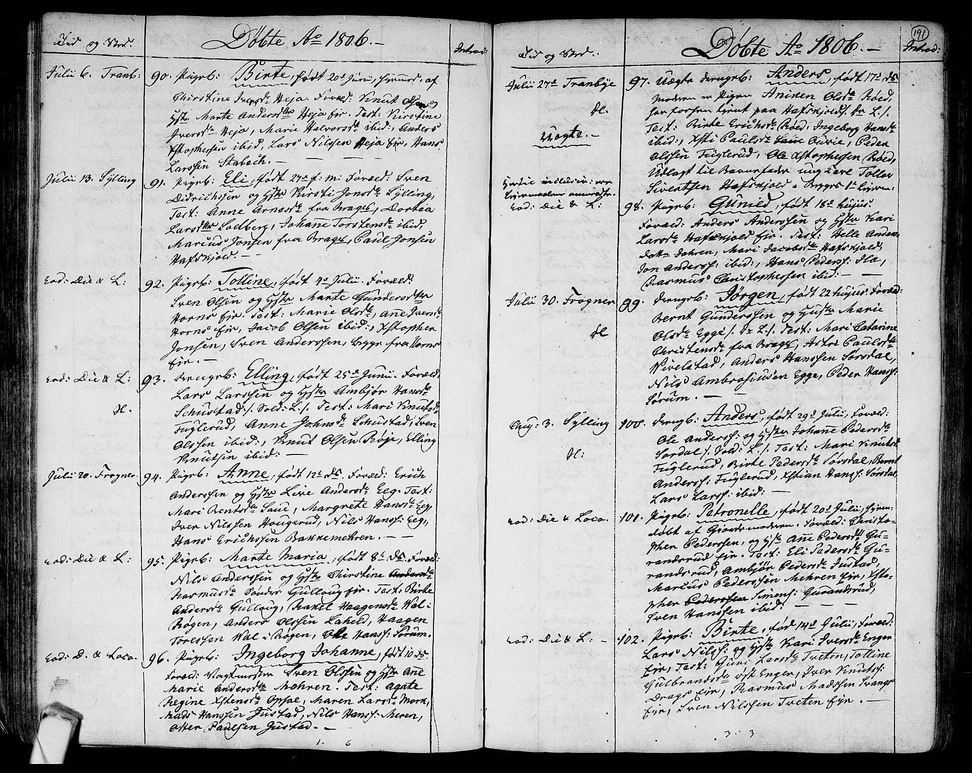 Lier kirkebøker, SAKO/A-230/F/Fa/L0007: Parish register (official) no. I 7, 1794-1813, p. 191