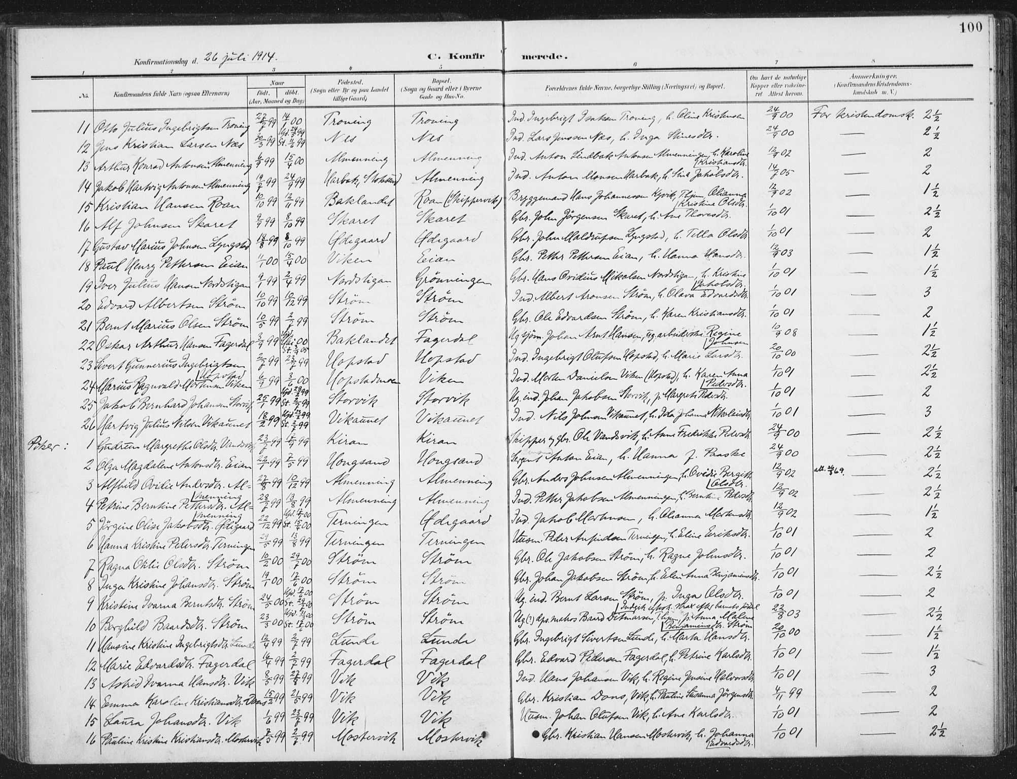 Ministerialprotokoller, klokkerbøker og fødselsregistre - Sør-Trøndelag, SAT/A-1456/657/L0709: Parish register (official) no. 657A10, 1905-1919, p. 100