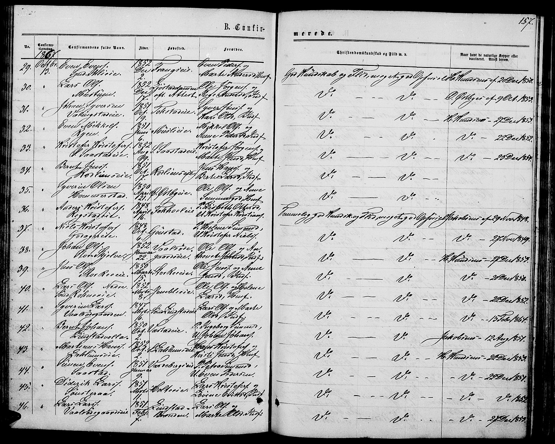 Stange prestekontor, AV/SAH-PREST-002/L/L0006: Parish register (copy) no. 6, 1864-1882, p. 157