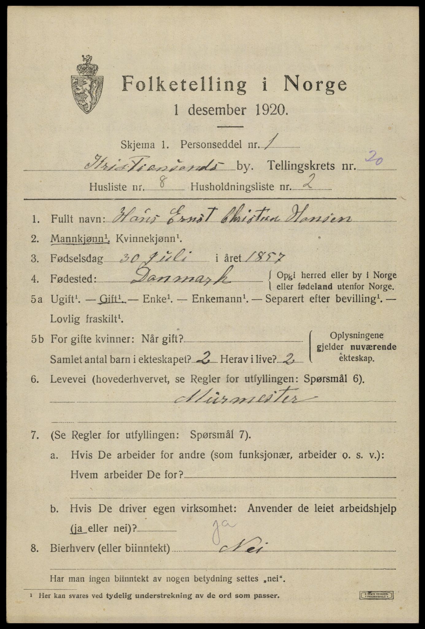 SAK, 1920 census for Kristiansand, 1920, p. 35869