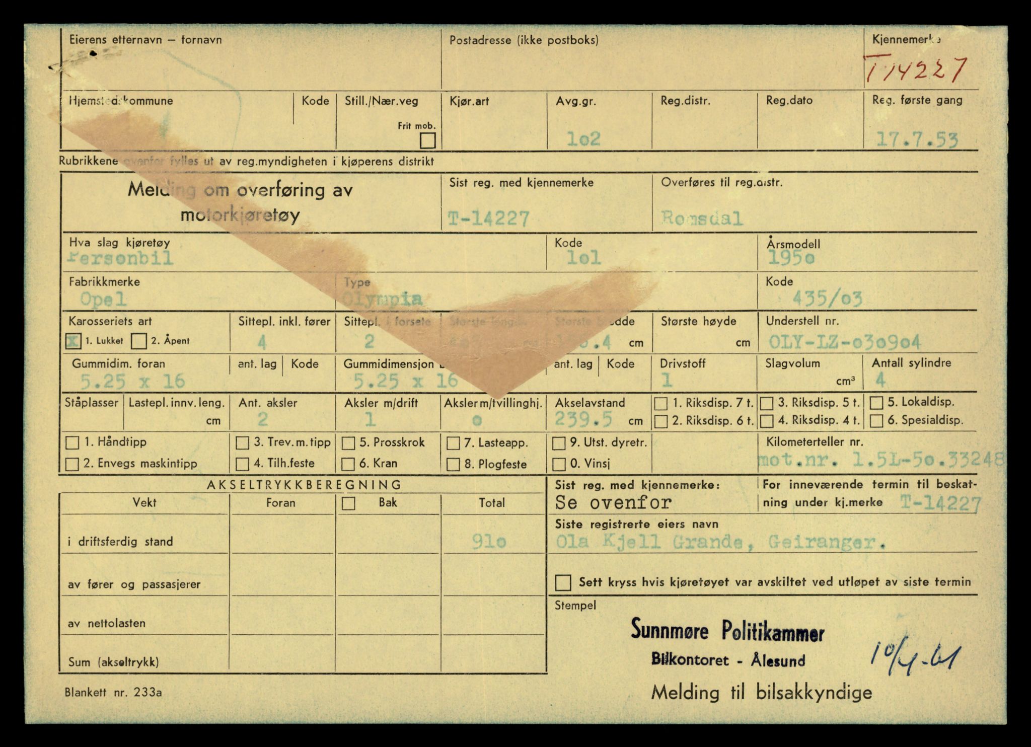 Møre og Romsdal vegkontor - Ålesund trafikkstasjon, AV/SAT-A-4099/F/Fe/L0044: Registreringskort for kjøretøy T 14205 - T 14319, 1927-1998, p. 672