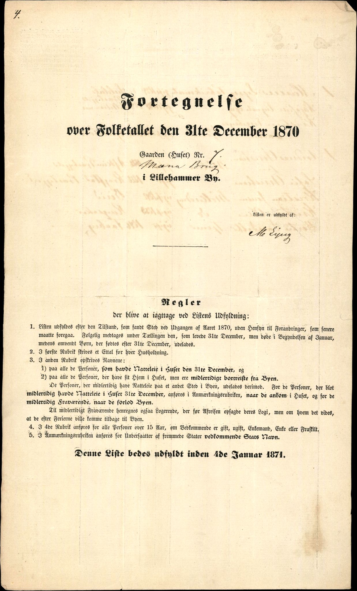RA, 1870 census for 0501 Lillehammer, 1870, p. 4