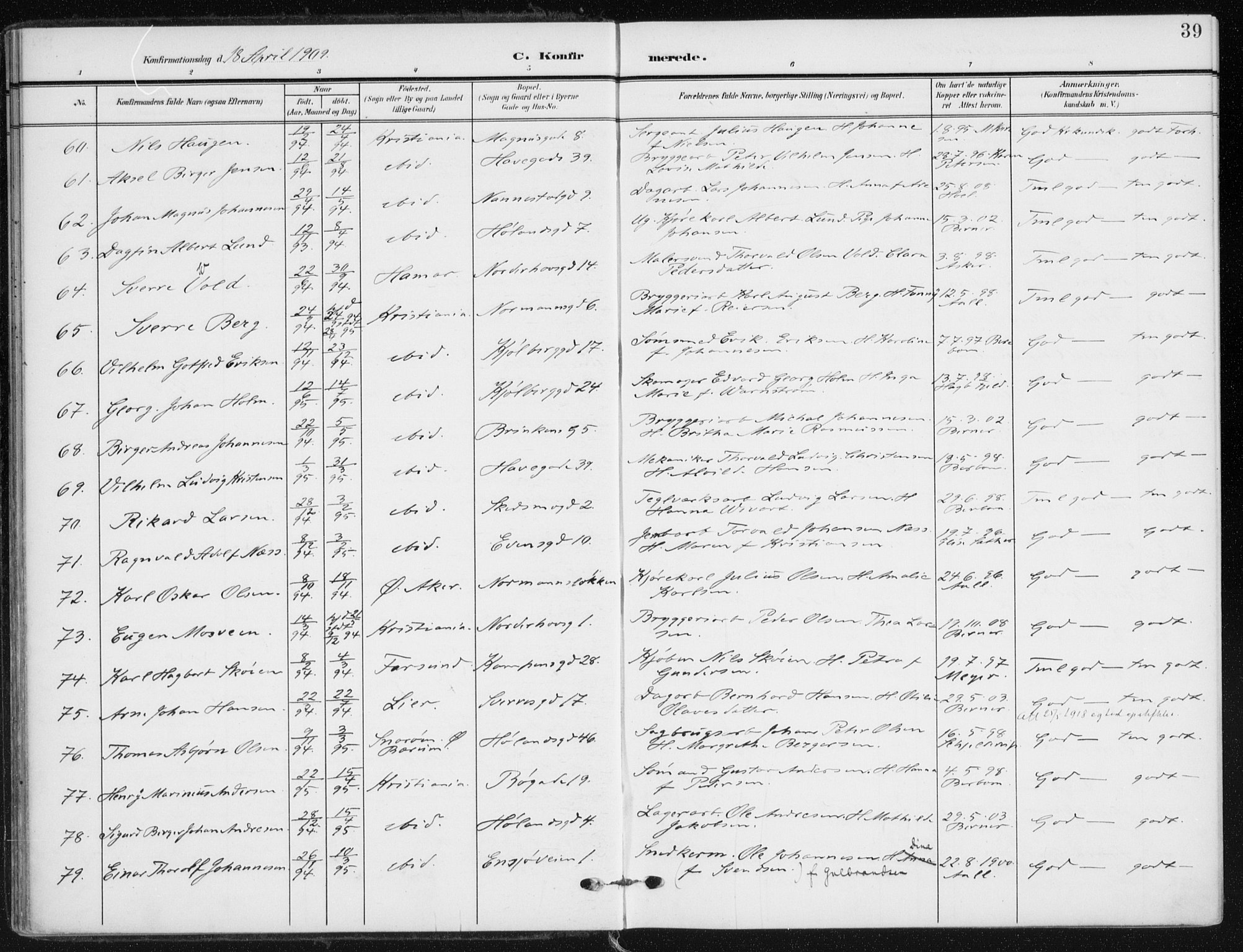Kampen prestekontor Kirkebøker, SAO/A-10853/F/Fa/L0011: Parish register (official) no. I 11, 1907-1917, p. 39