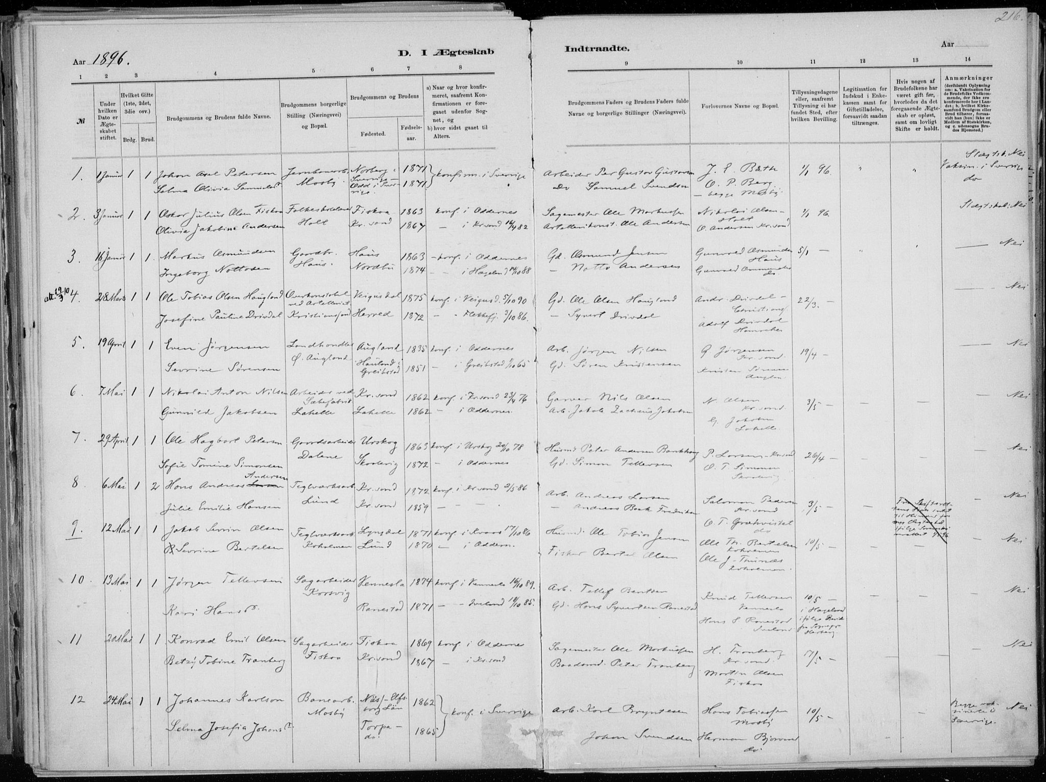 Oddernes sokneprestkontor, AV/SAK-1111-0033/F/Fa/Faa/L0009: Parish register (official) no. A 9, 1884-1896, p. 216