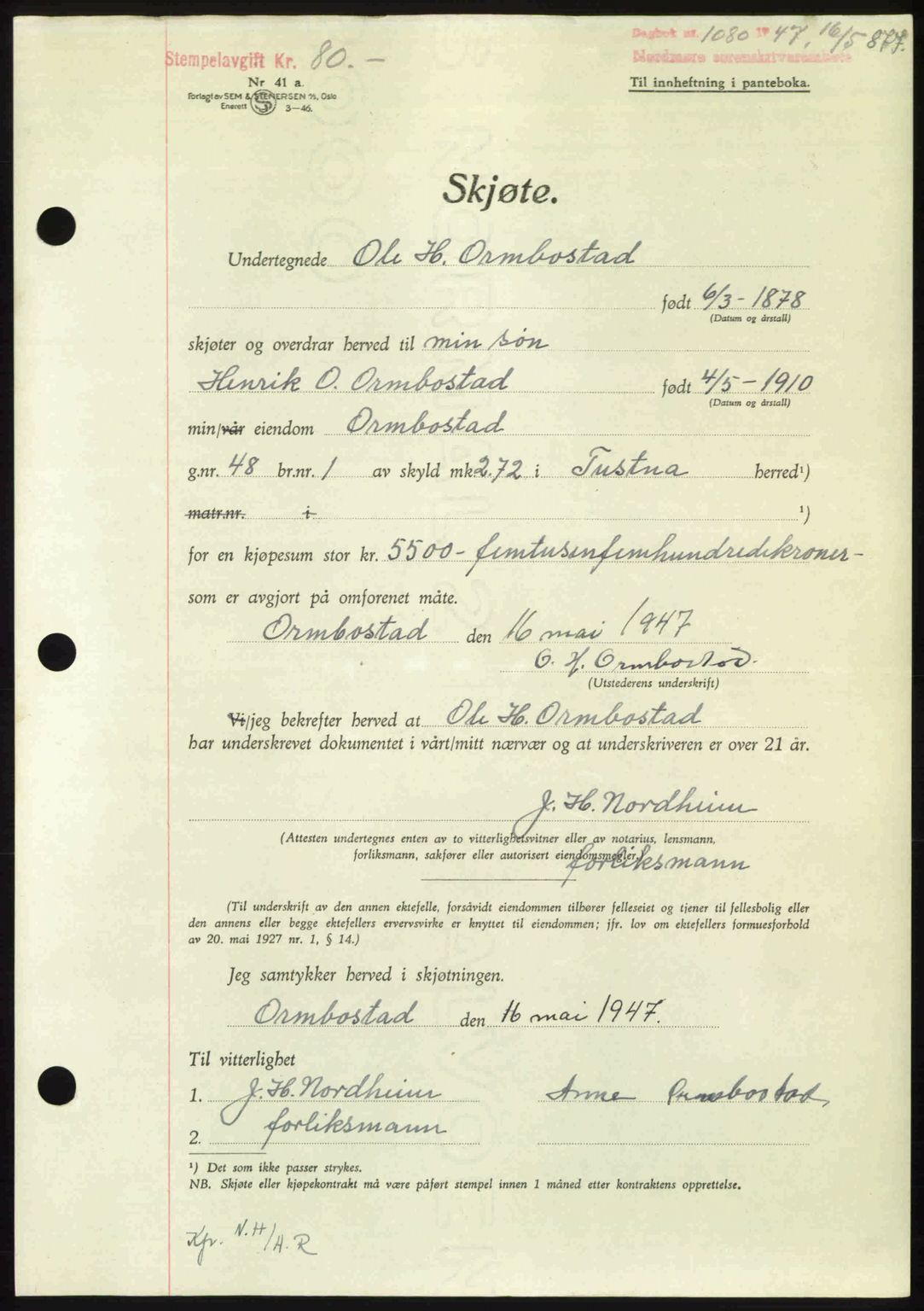 Nordmøre sorenskriveri, AV/SAT-A-4132/1/2/2Ca: Mortgage book no. A104, 1947-1947, Diary no: : 1080/1947