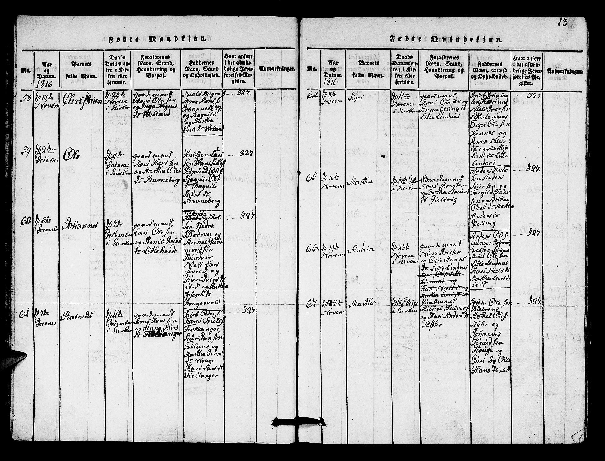 Lindås Sokneprestembete, AV/SAB-A-76701/H/Hab/Haba/L0001: Parish register (copy) no. A 1, 1816-1823, p. 13