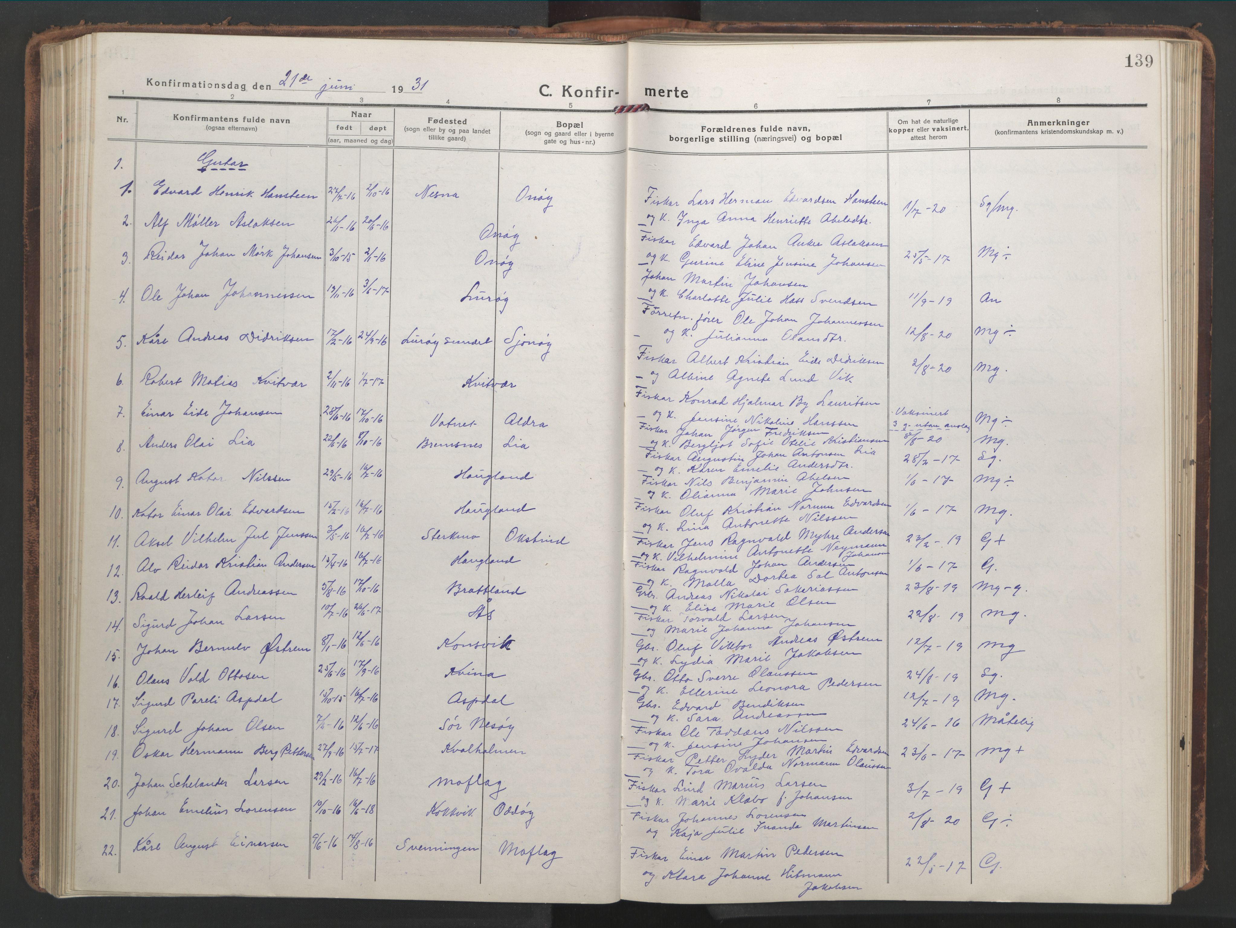 Ministerialprotokoller, klokkerbøker og fødselsregistre - Nordland, SAT/A-1459/839/L0574: Parish register (copy) no. 839C04, 1918-1950, p. 139