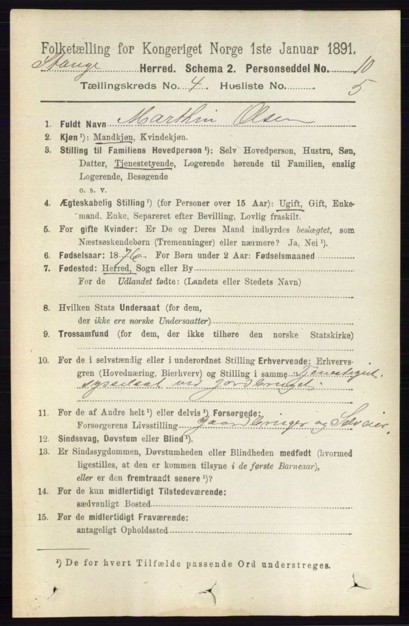 RA, 1891 census for 0417 Stange, 1891, p. 2377