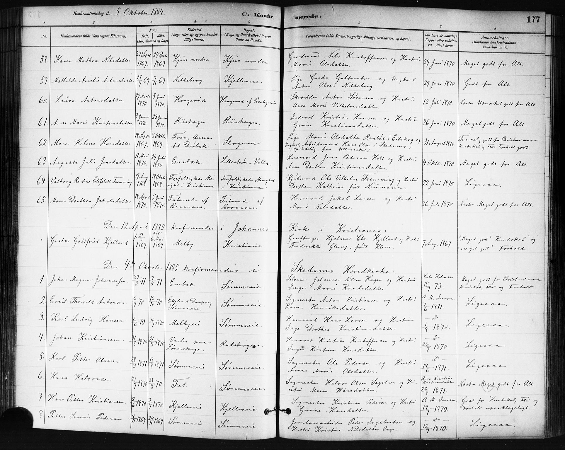 Skedsmo prestekontor Kirkebøker, SAO/A-10033a/G/Ga/L0004: Parish register (copy) no. I 4, 1883-1895, p. 177
