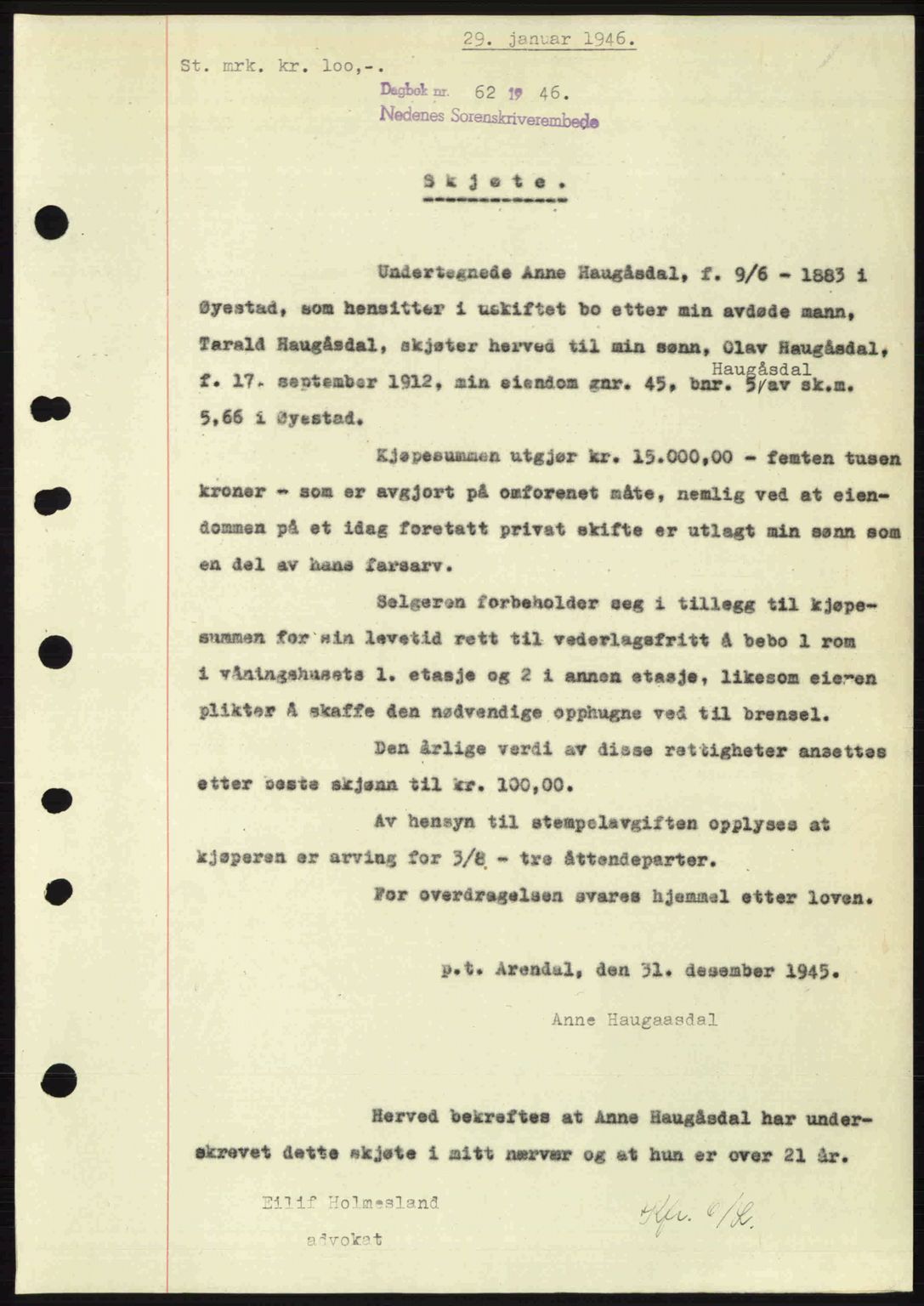 Nedenes sorenskriveri, SAK/1221-0006/G/Gb/Gba/L0054: Mortgage book no. A6c, 1946-1946, Diary no: : 62/1946