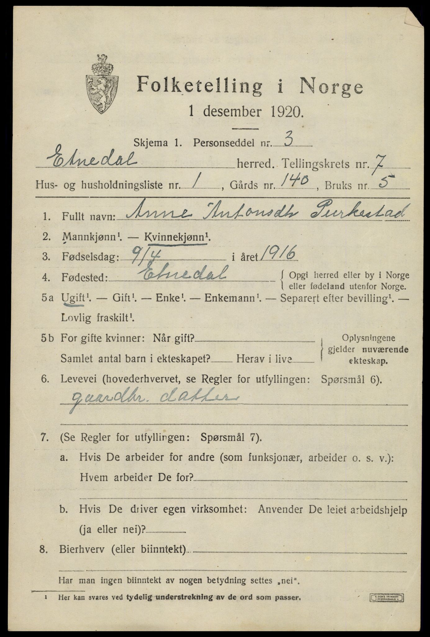 SAH, 1920 census for Etnedal, 1920, p. 2886