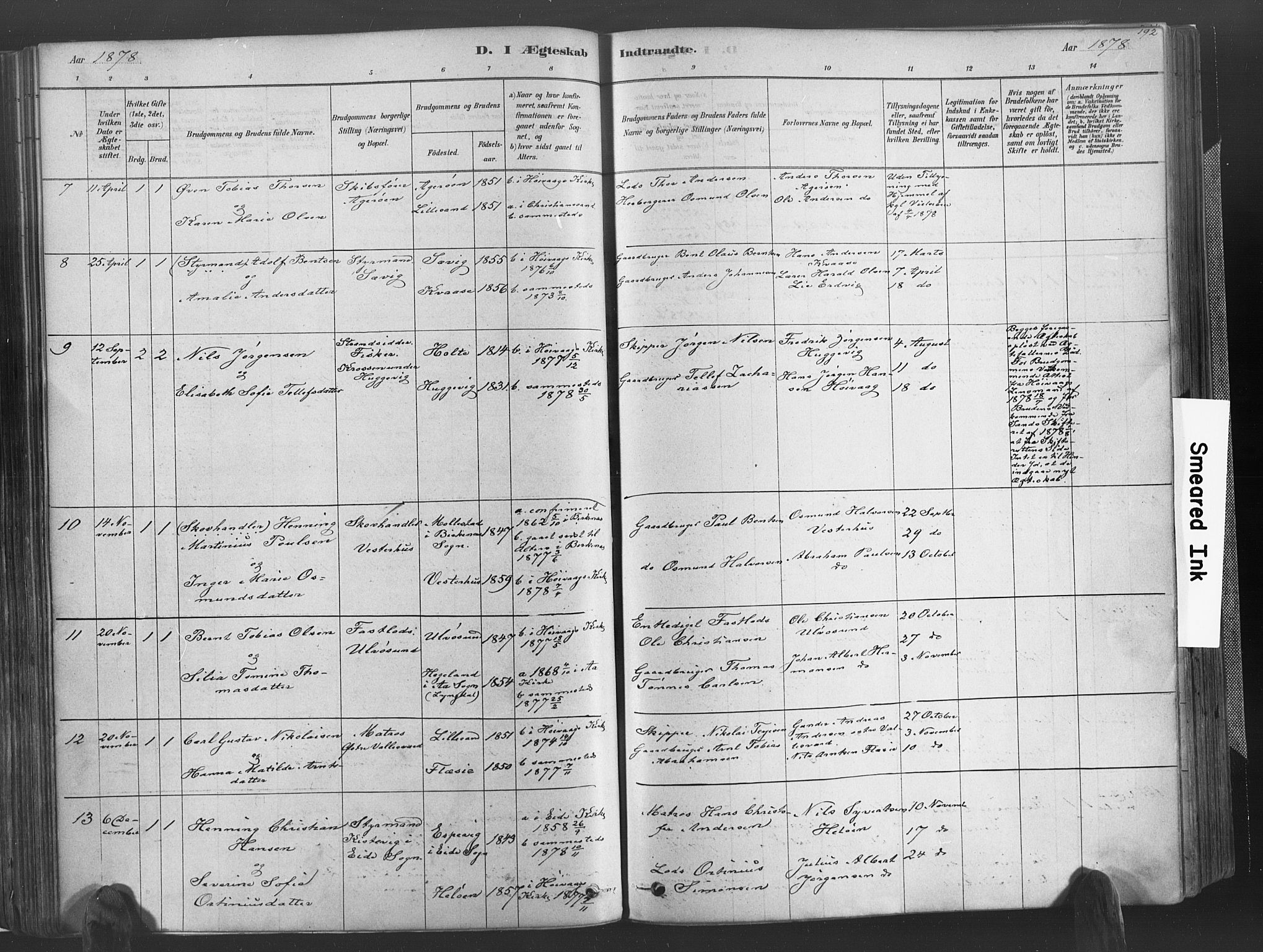 Høvåg sokneprestkontor, AV/SAK-1111-0025/F/Fa/L0005: Parish register (official) no. A 5, 1878-1893, p. 192