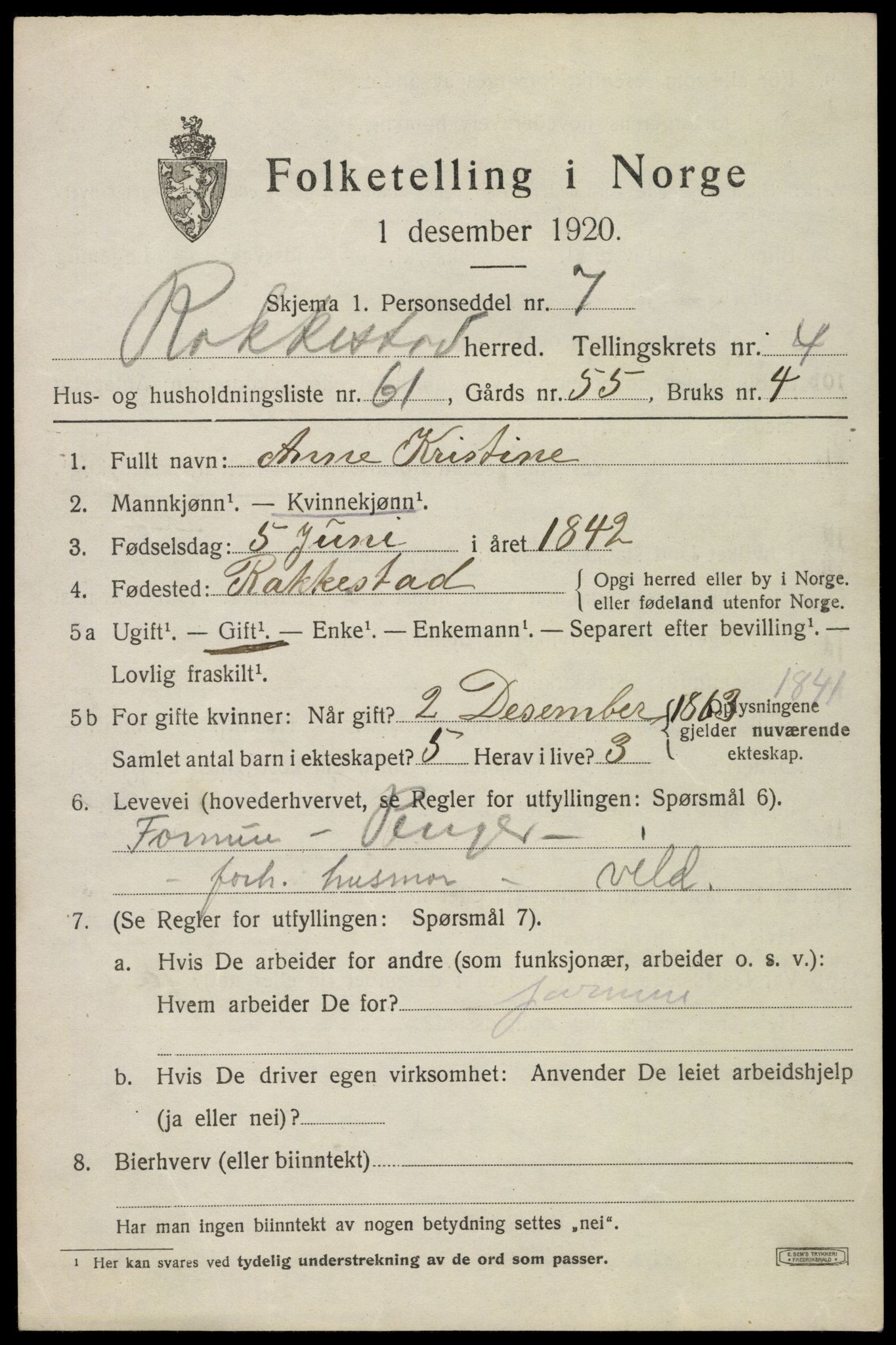 SAO, 1920 census for Rakkestad, 1920, p. 6007