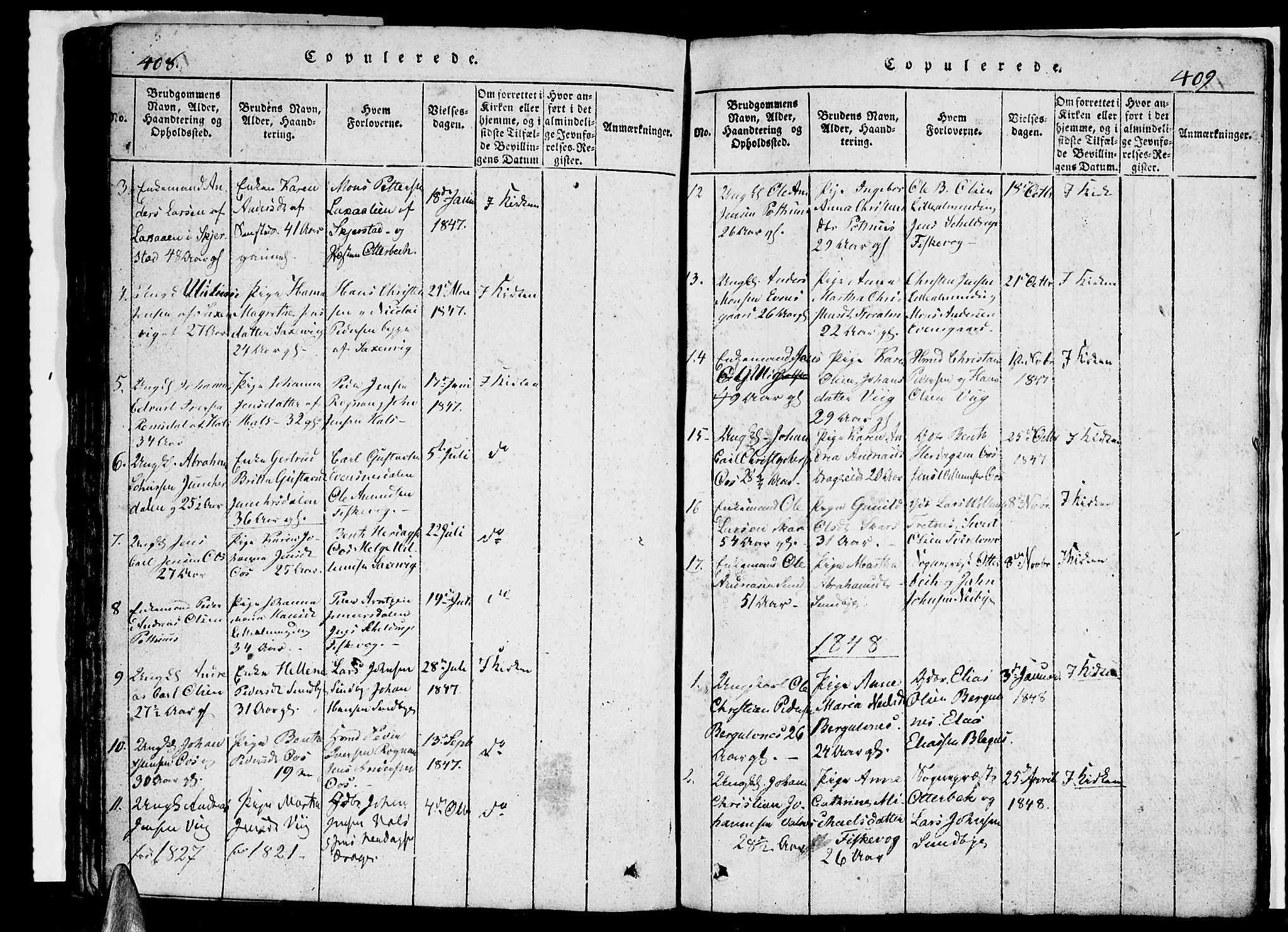 Ministerialprotokoller, klokkerbøker og fødselsregistre - Nordland, AV/SAT-A-1459/847/L0676: Parish register (copy) no. 847C04, 1821-1853, p. 408-409