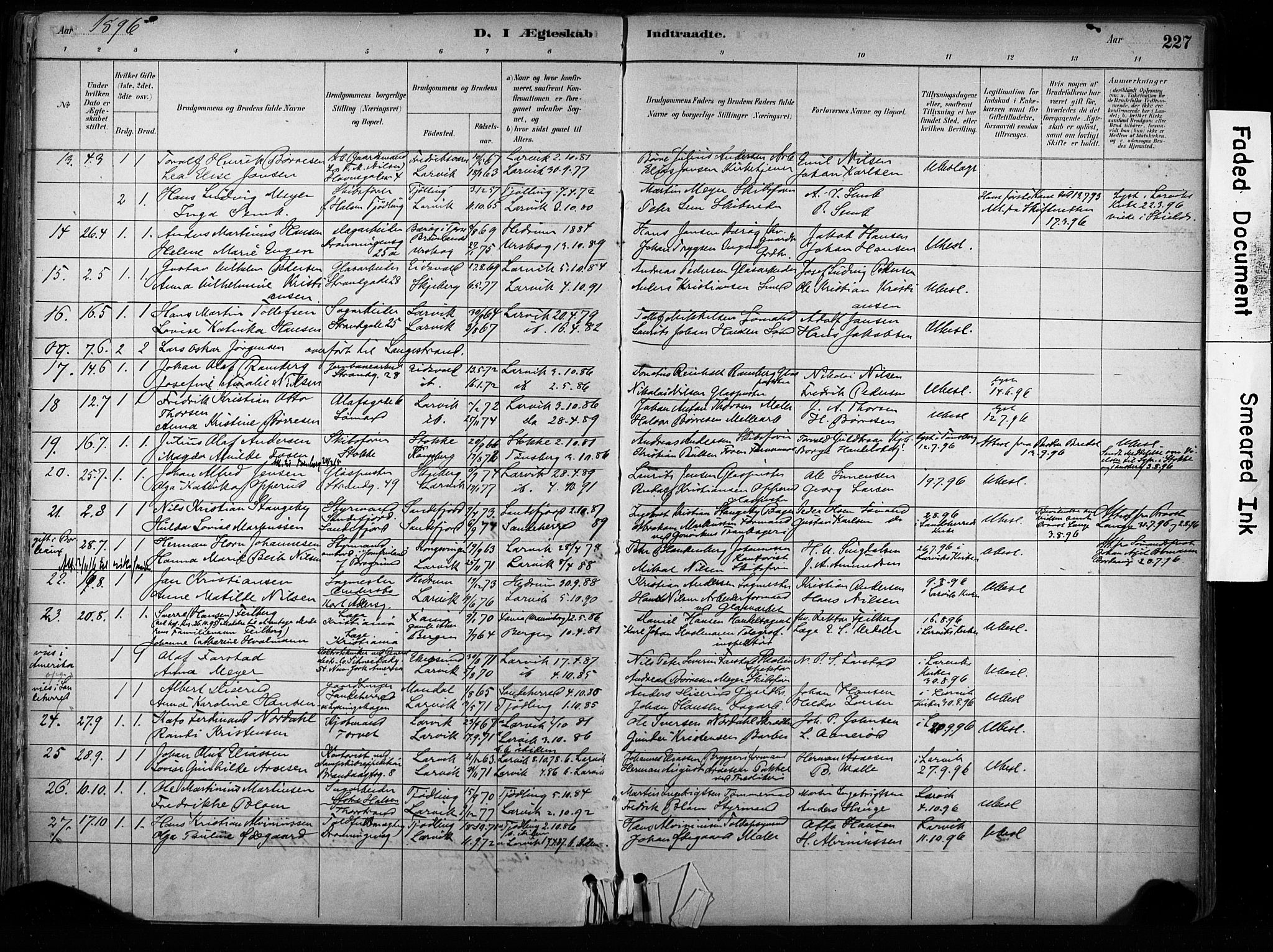 Larvik kirkebøker, AV/SAKO-A-352/F/Fa/L0008: Parish register (official) no. I 8, 1884-1902, p. 227