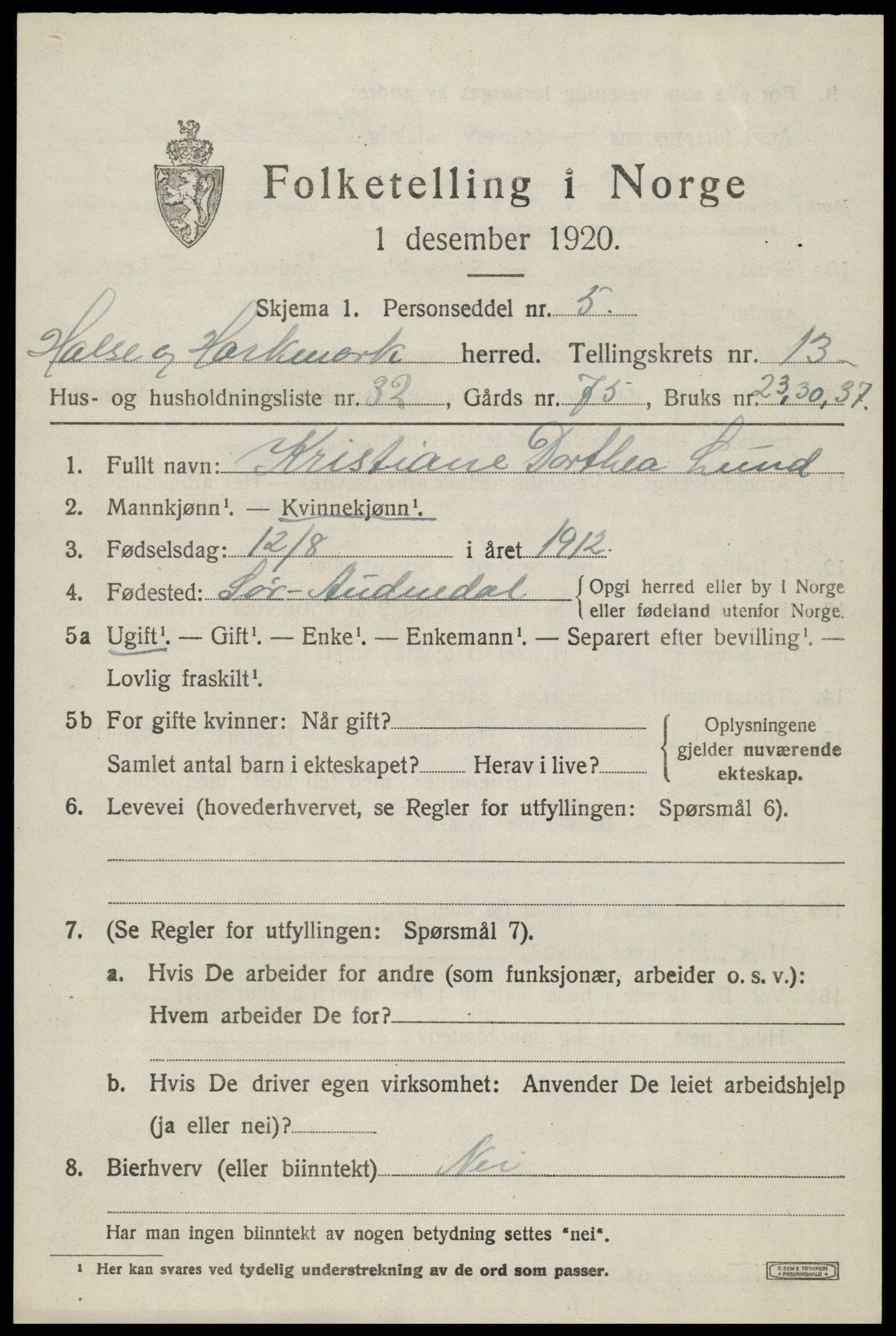 SAK, 1920 census for Halse og Harkmark, 1920, p. 7297