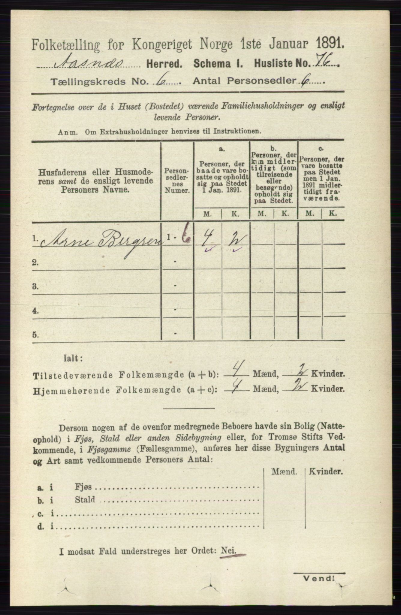 RA, 1891 census for 0425 Åsnes, 1891, p. 2786