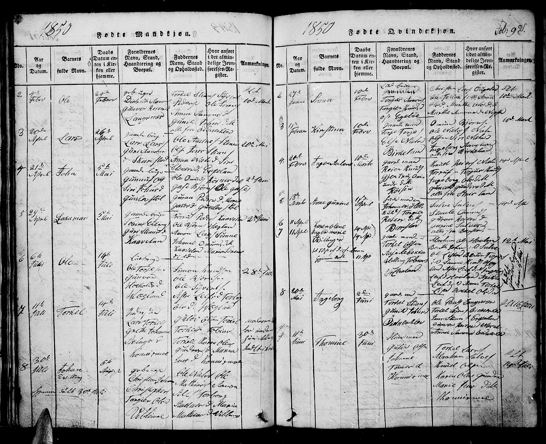 Nord-Audnedal sokneprestkontor, AV/SAK-1111-0032/F/Fb/Fba/L0001: Parish register (copy) no. B 1, 1815-1856, p. 92