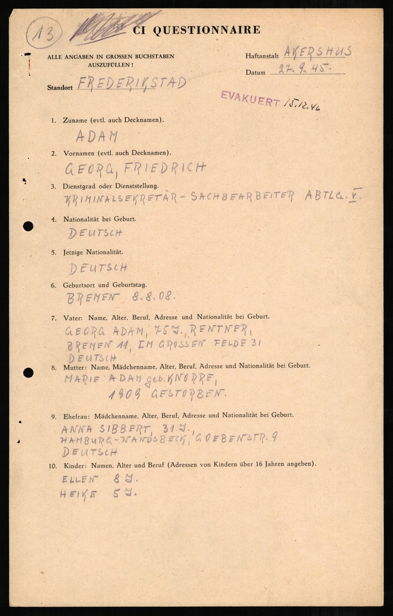 Forsvaret, Forsvarets overkommando II, RA/RAFA-3915/D/Db/L0001: CI Questionaires. Tyske okkupasjonsstyrker i Norge. Tyskere., 1945-1946, p. 54