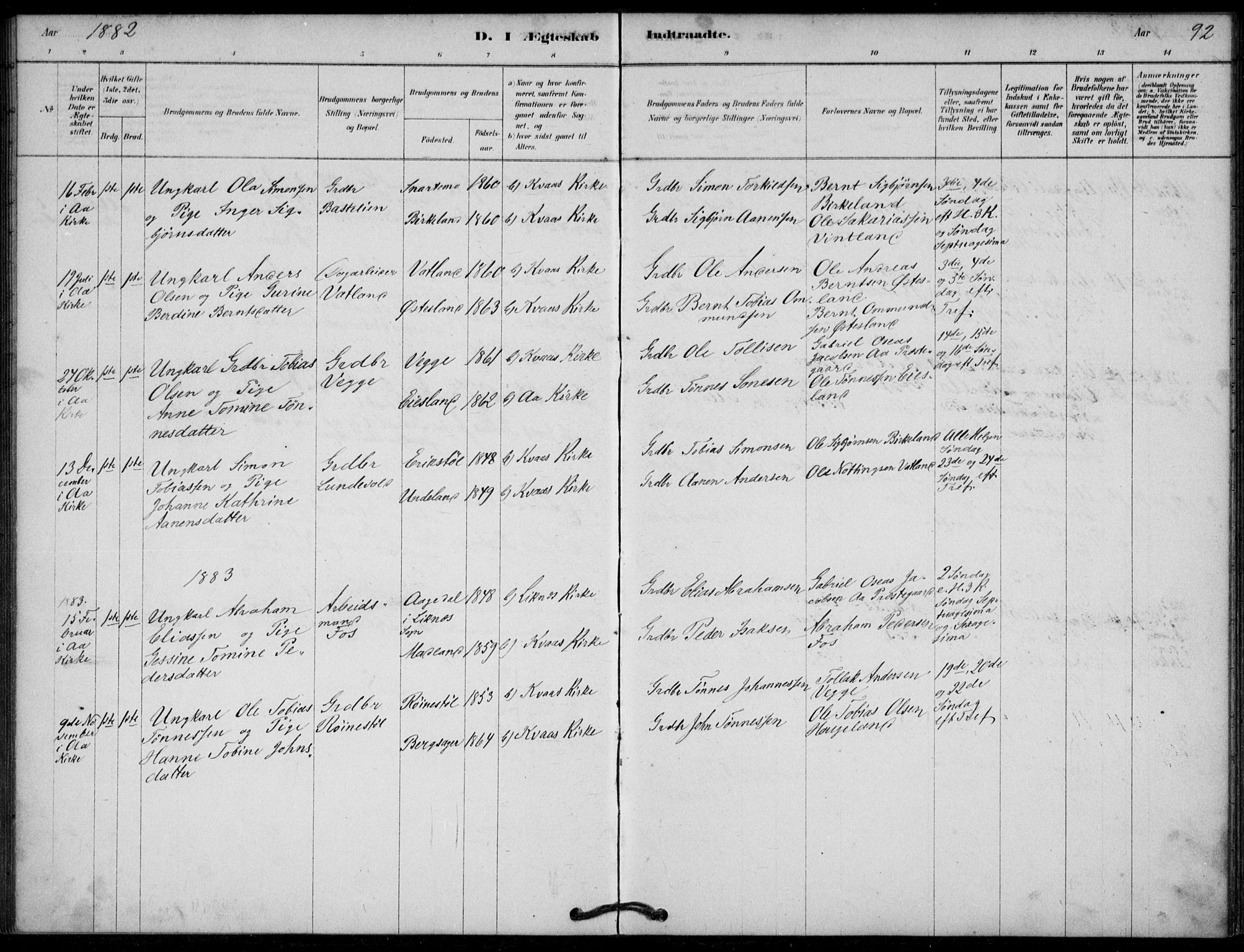 Lyngdal sokneprestkontor, SAK/1111-0029/F/Fa/Fab/L0003: Parish register (official) no. A 3, 1878-1903, p. 92