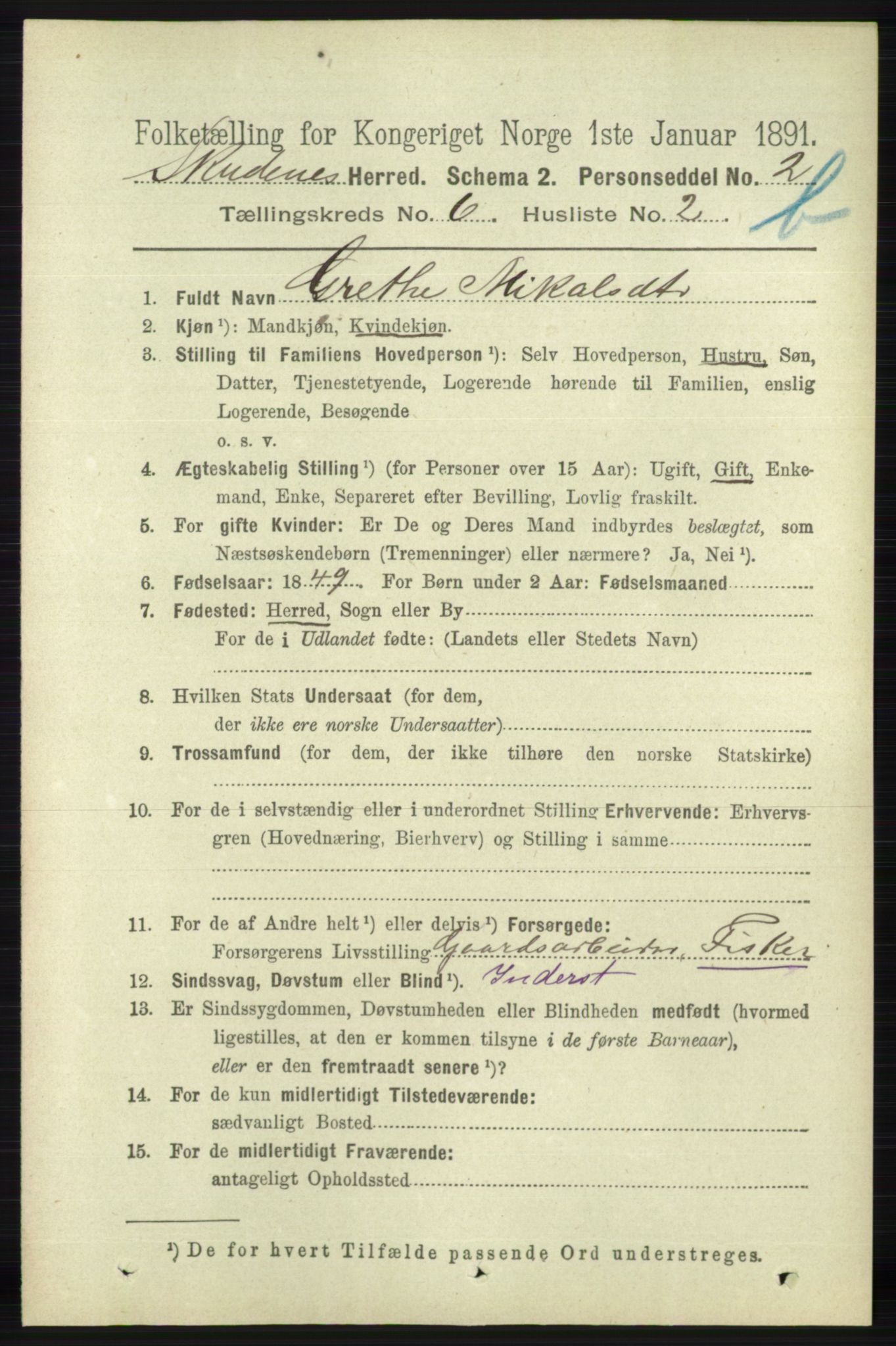 RA, 1891 census for 1150 Skudenes, 1891, p. 5598