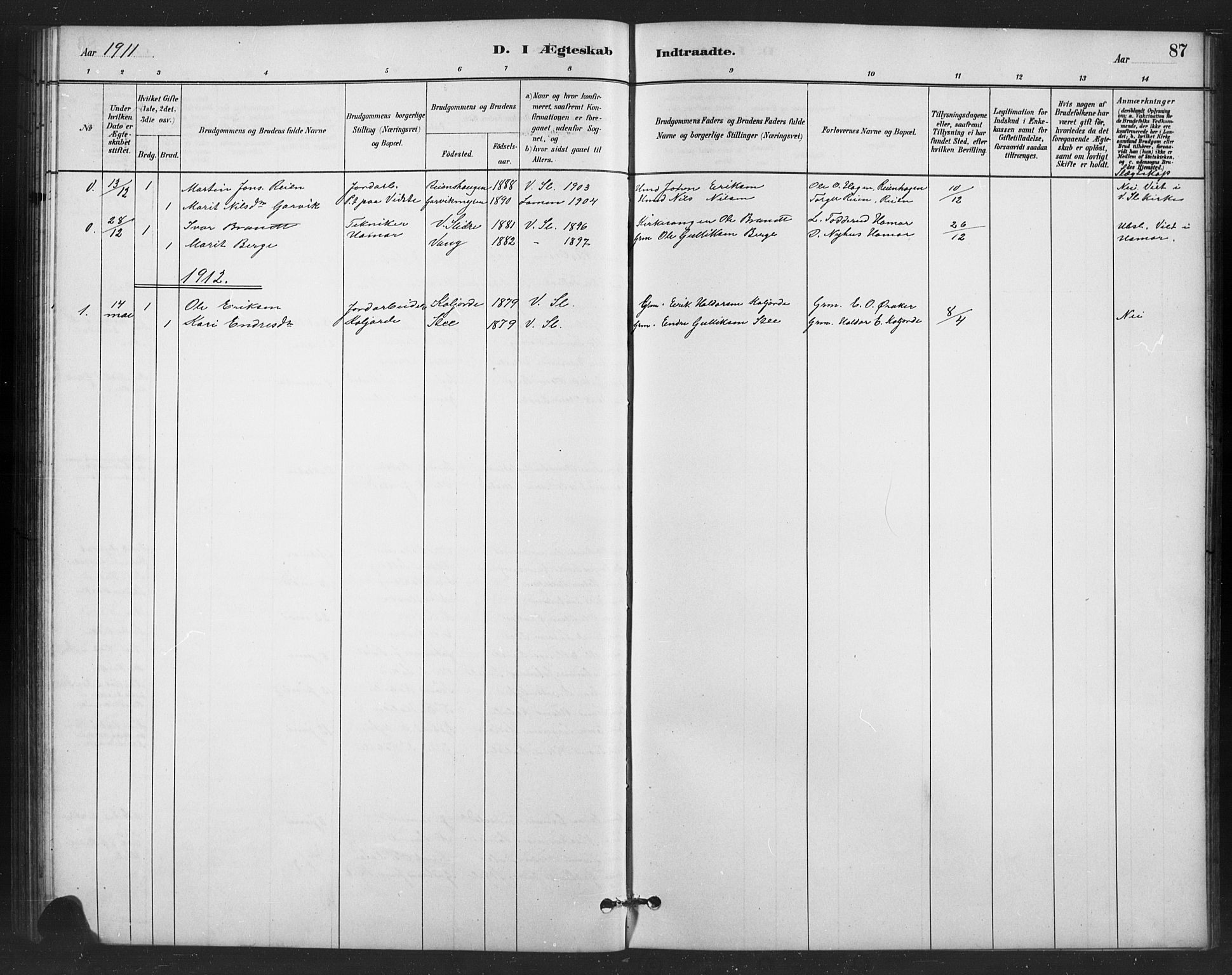 Vestre Slidre prestekontor, SAH/PREST-136/H/Ha/Hab/L0006: Parish register (copy) no. 6, 1881-1915, p. 87