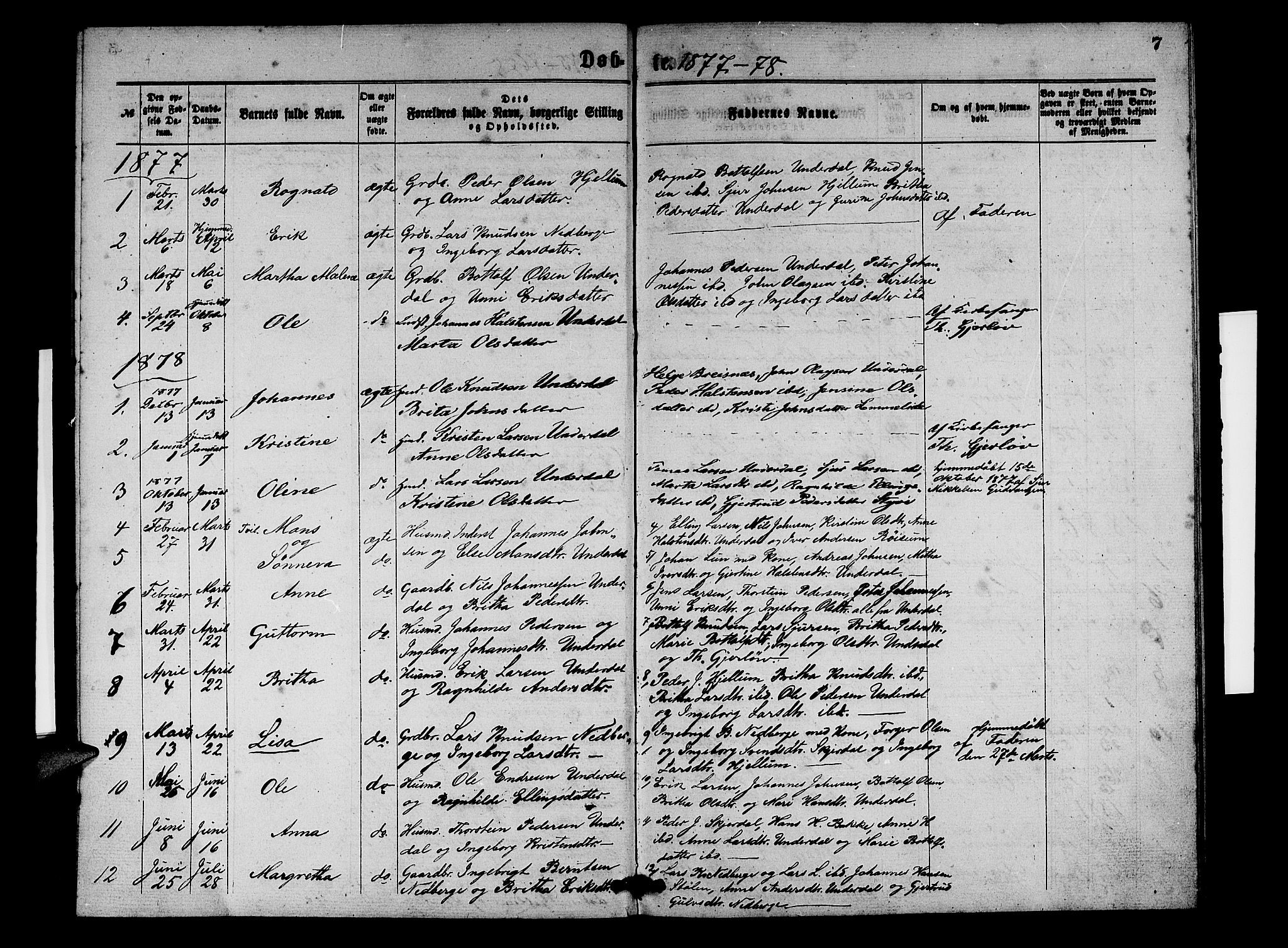 Aurland sokneprestembete, SAB/A-99937/H/Hb/Hbd/L0001: Parish register (copy) no. D 1, 1868-1882, p. 7