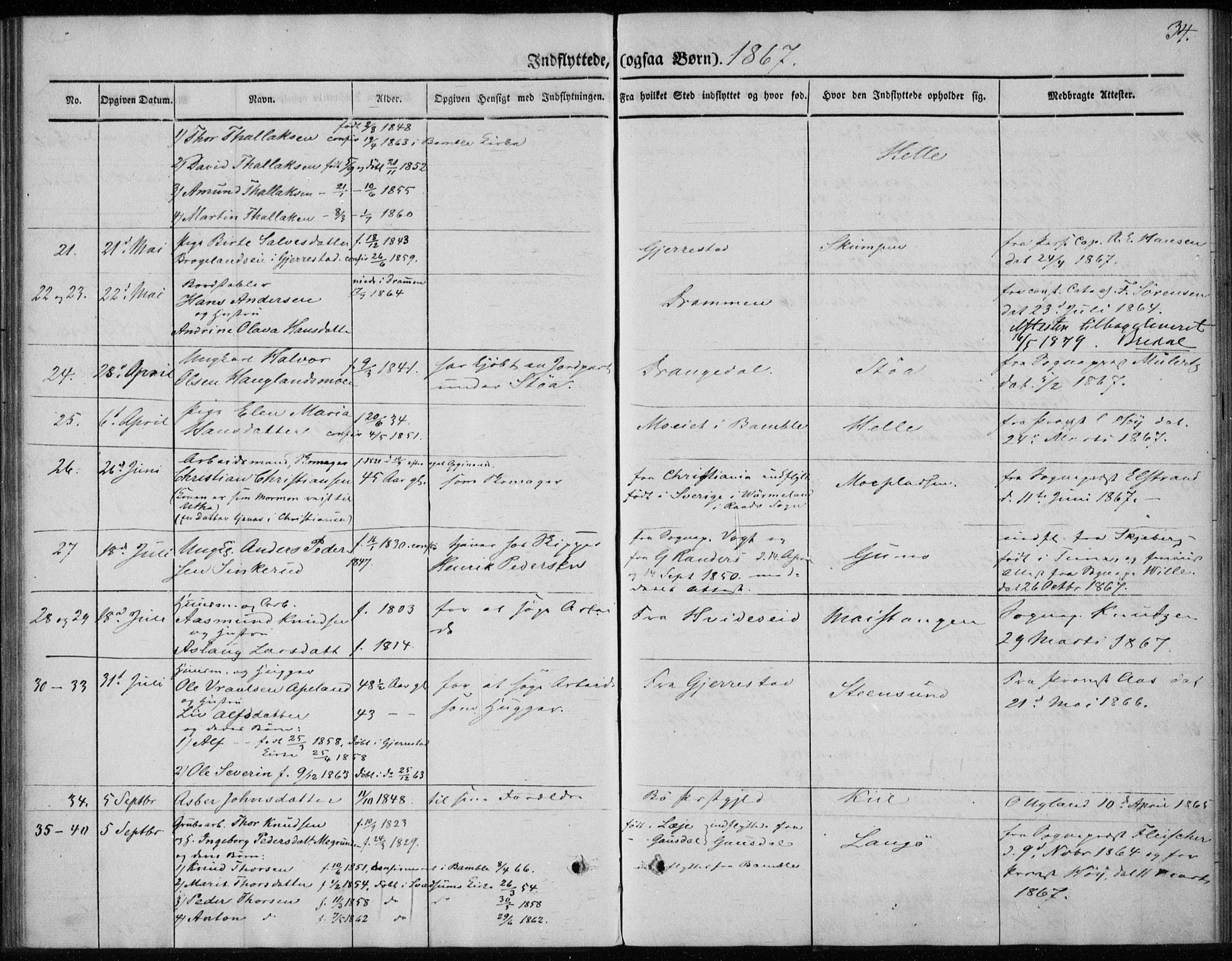 Sannidal kirkebøker, SAKO/A-296/F/Fa/L0013: Parish register (official) no. 13, 1854-1873, p. 34
