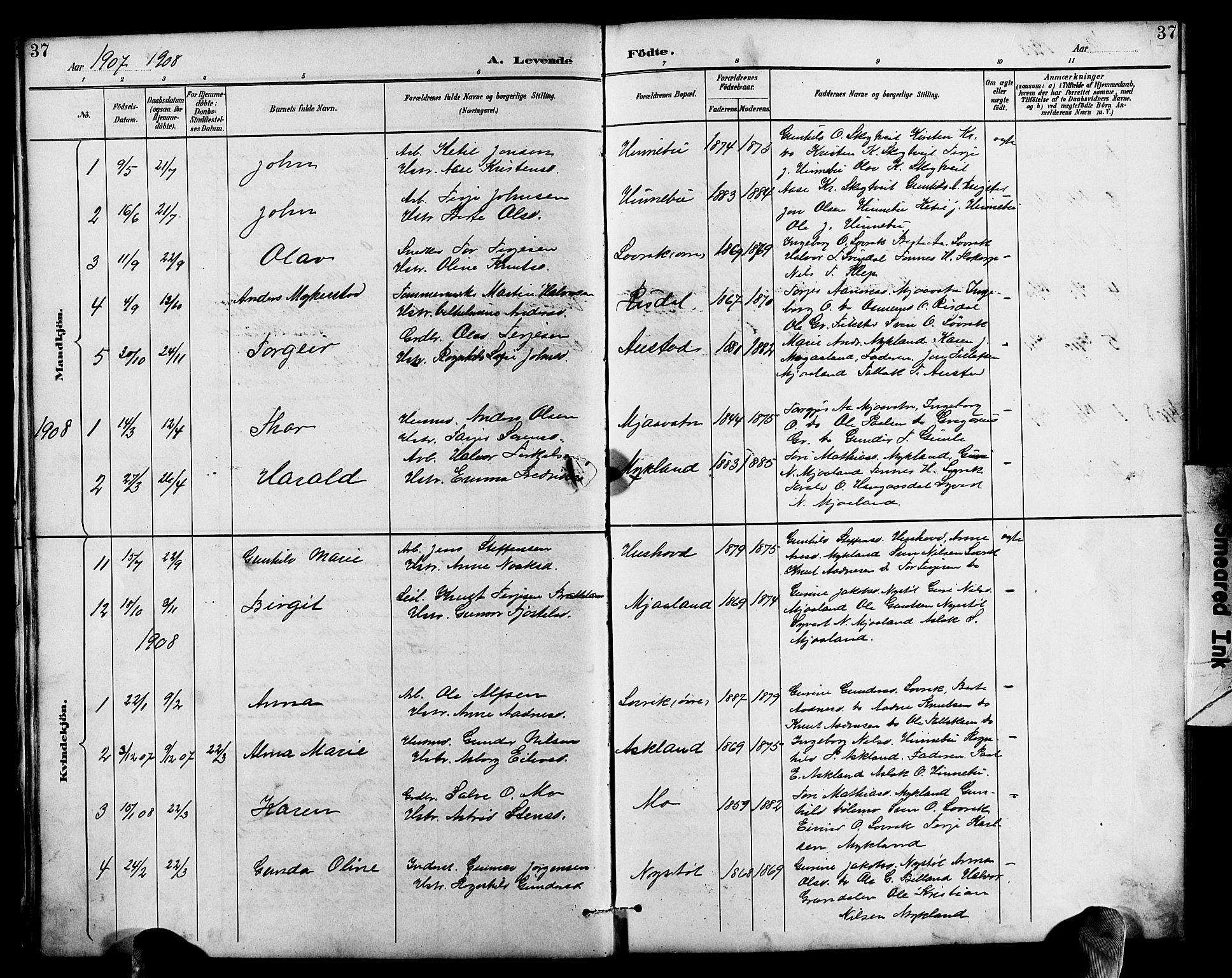 Herefoss sokneprestkontor, AV/SAK-1111-0019/F/Fb/Fbc/L0003: Parish register (copy) no. B 3, 1887-1915, p. 37